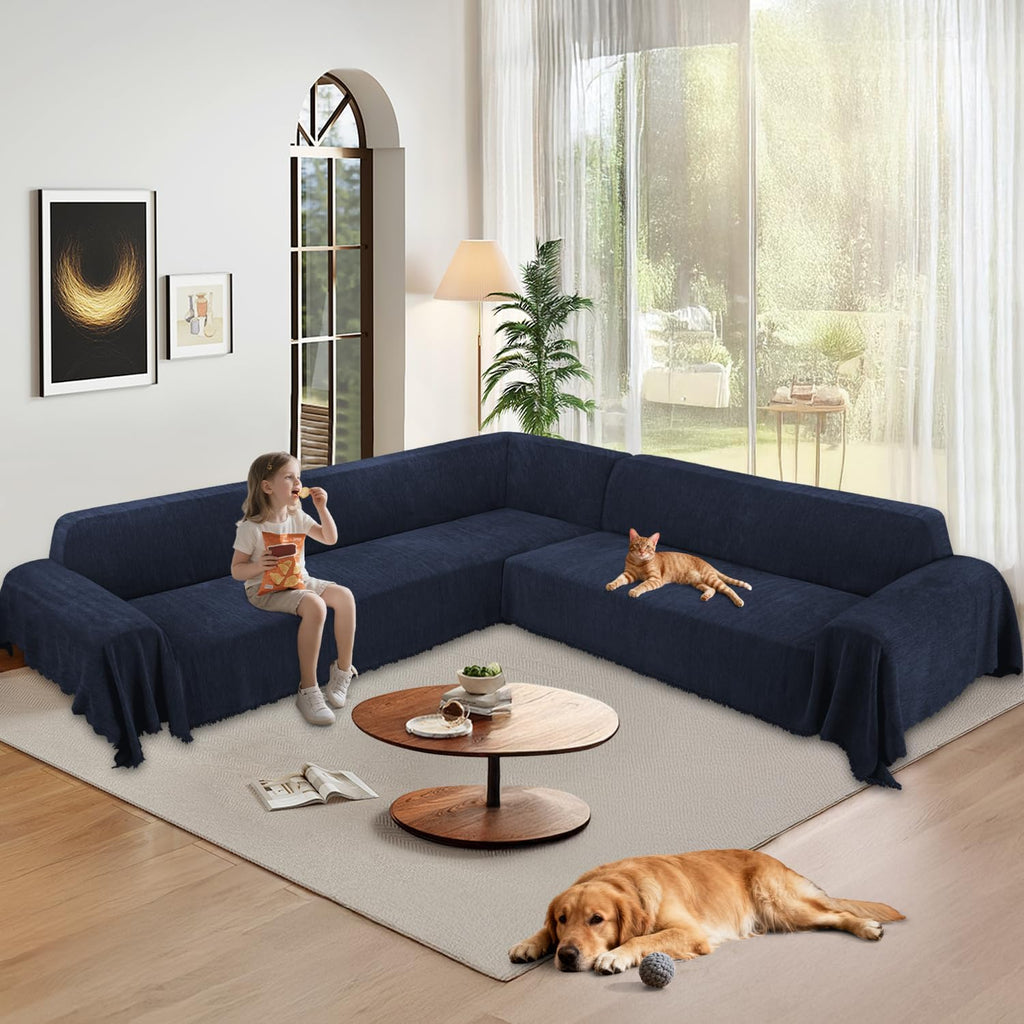 1OO% Waterproof Corner Sectional Couch Covers L Shape Chenille Sectional Sofa Cover with Tassel Soft Thick Washable Sofa Slipcover Furniture Protector for Dogs Pets (91' x 252', Navy Blue)