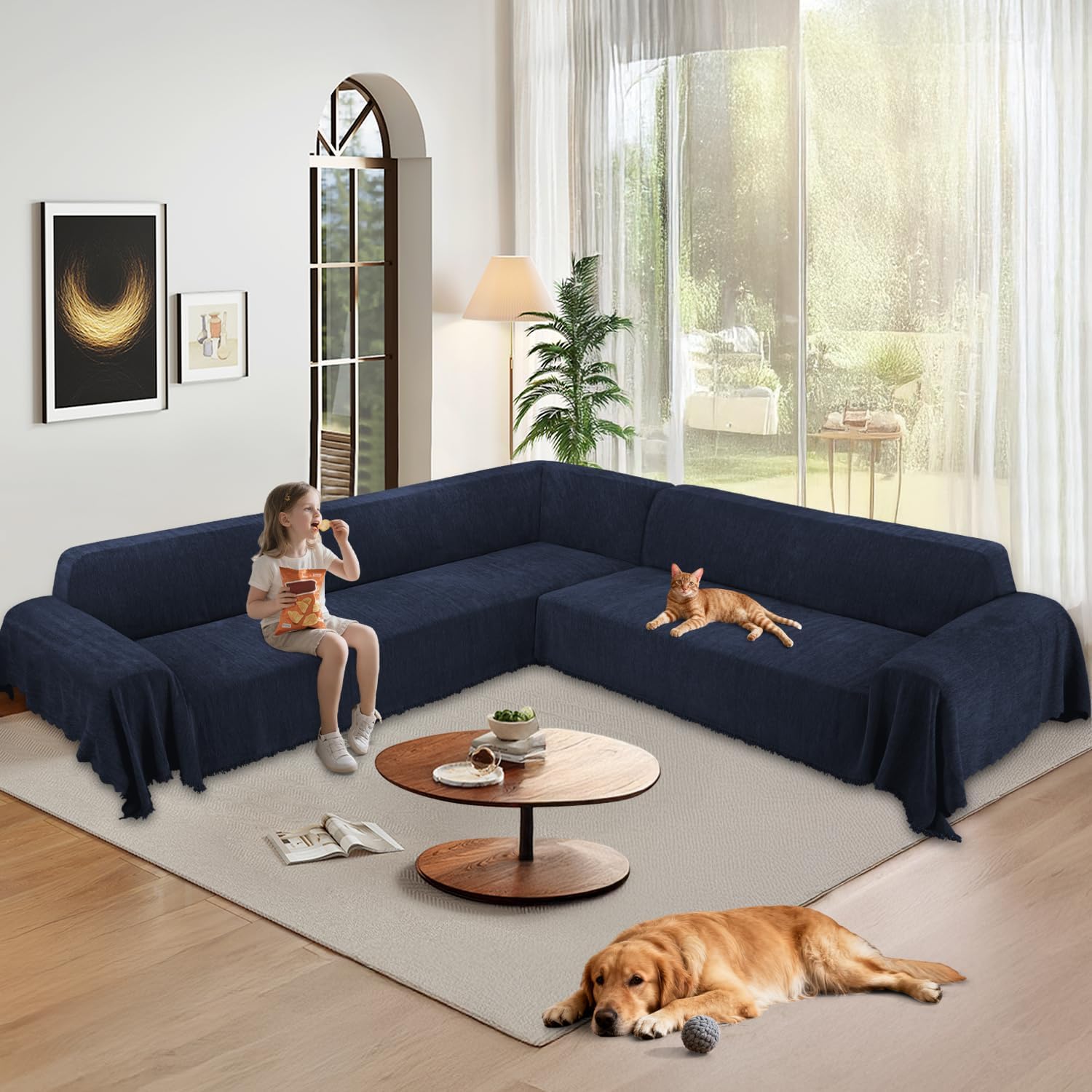 1OO% Waterproof Corner Sectional Couch Covers L Shape Chenille Sectional Sofa Cover with Tassel Soft Thick Washable Sofa Slipcover Furniture Protector for Dogs Pets (91' x 276', Navy Blue)