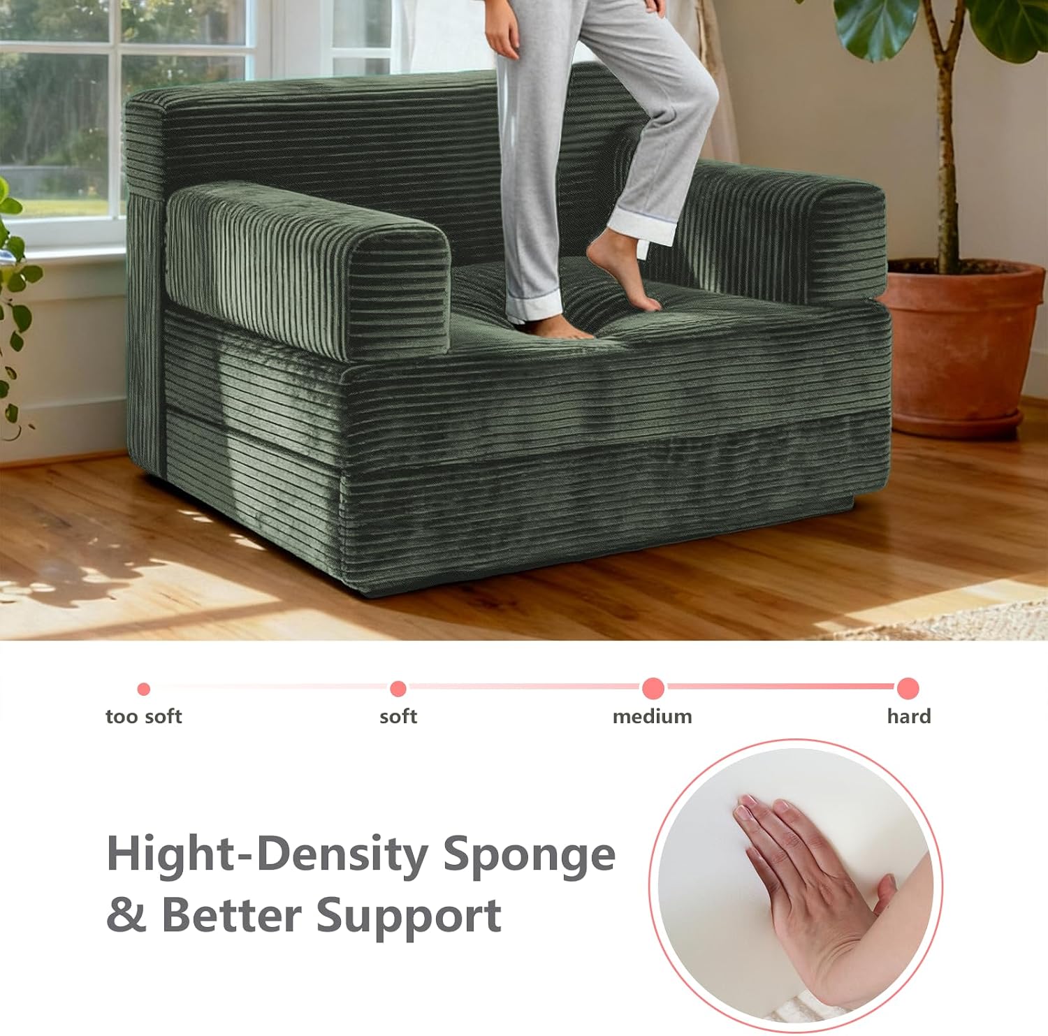 YEPDIN Folding Sofa Bed,Convertible Sofa Bed with Armrest Foldable Sleeper Chair, Portable Folding 4-in-1 Floor Sofa with Convertible Lounge Chair for Living Room,Bedroom,Washable Cover,Green Single