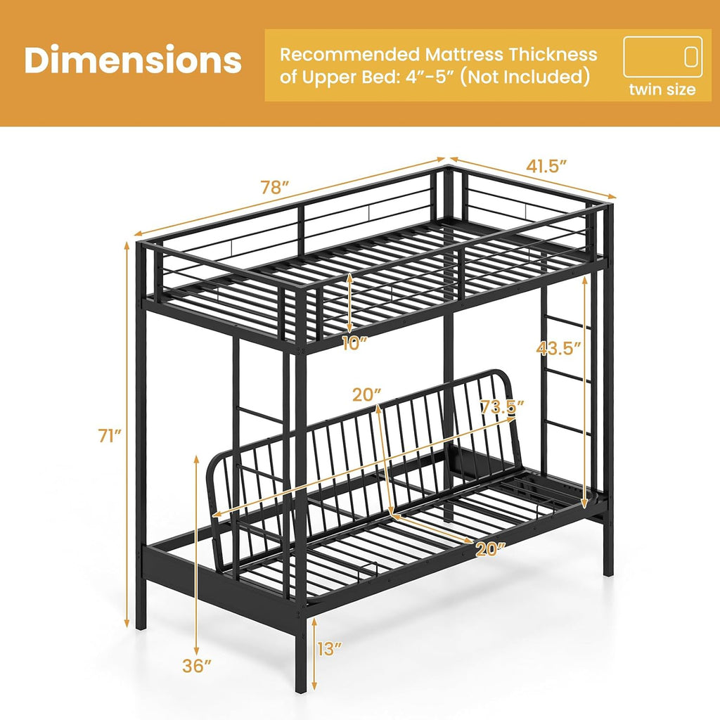 Giantex Twin Over Twin Futon Bunk Bed, Convertible Metal Bunk Bed with Futon Frame, 2 Ladders & Safety Guardrails, Heavy Duty Sofa Couch Beds with Under-Bed Space, for Kids, Teens, Adults, Black