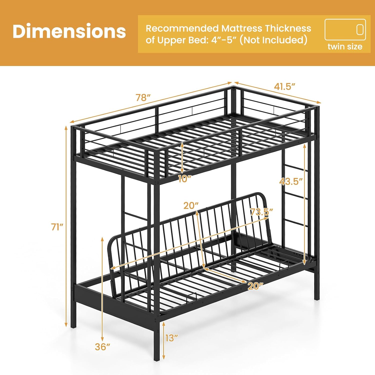 Giantex Twin Over Twin Futon Bunk Bed, Convertible Metal Bunk Bed with Futon Frame, 2 Ladders & Safety Guardrails, Heavy Duty Sofa Couch Beds with Under-Bed Space, for Kids, Teens, Adults, Black
