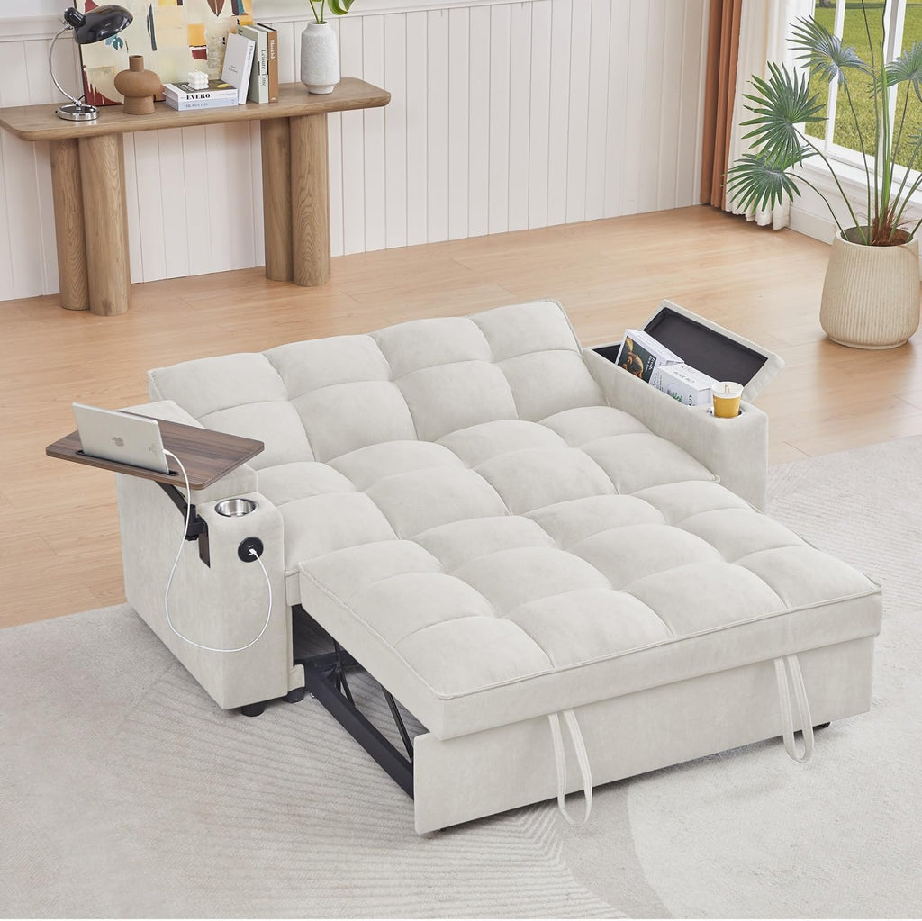 oaaktu 65''Convertible Sleeper Sofa Bed,3-in-1 Pull Out Couch Bed with 360 Degree rotatable Side Table and USB Ports for Living Room,RV (07beige)