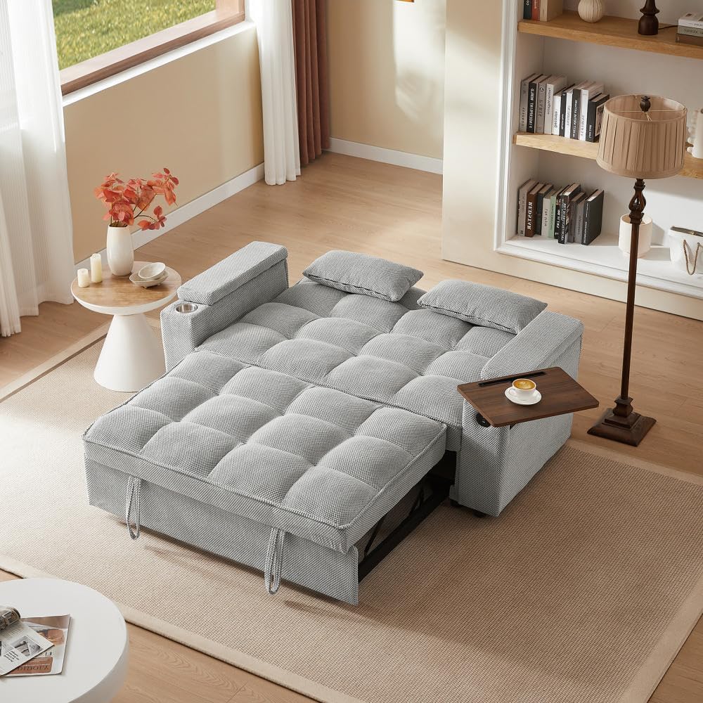oaaktu ﻿ Large Size Convertible Sleeper Sofa Bed,Polka dot Velvet Pull Out Futon Couch with Storage handrails & Rotating Side Tables,Convertible Sofa Couch for Living Room,RV (Light Gray)