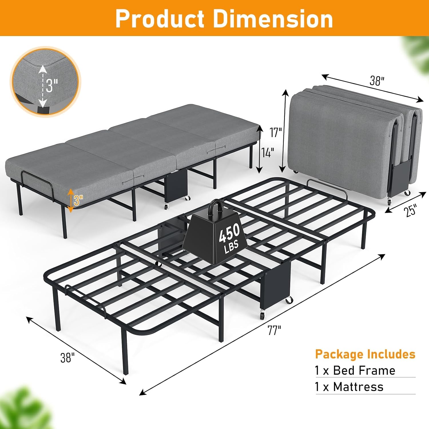 SADENICEL Folding Bed with Mattress for Adults, Twin Size, Portable Foldable Roll Away Bed on Wheels, Memory Foam Mattress and Super Strong Frame, Space Saving Fold Up for Easy Storage, 75' x 38'