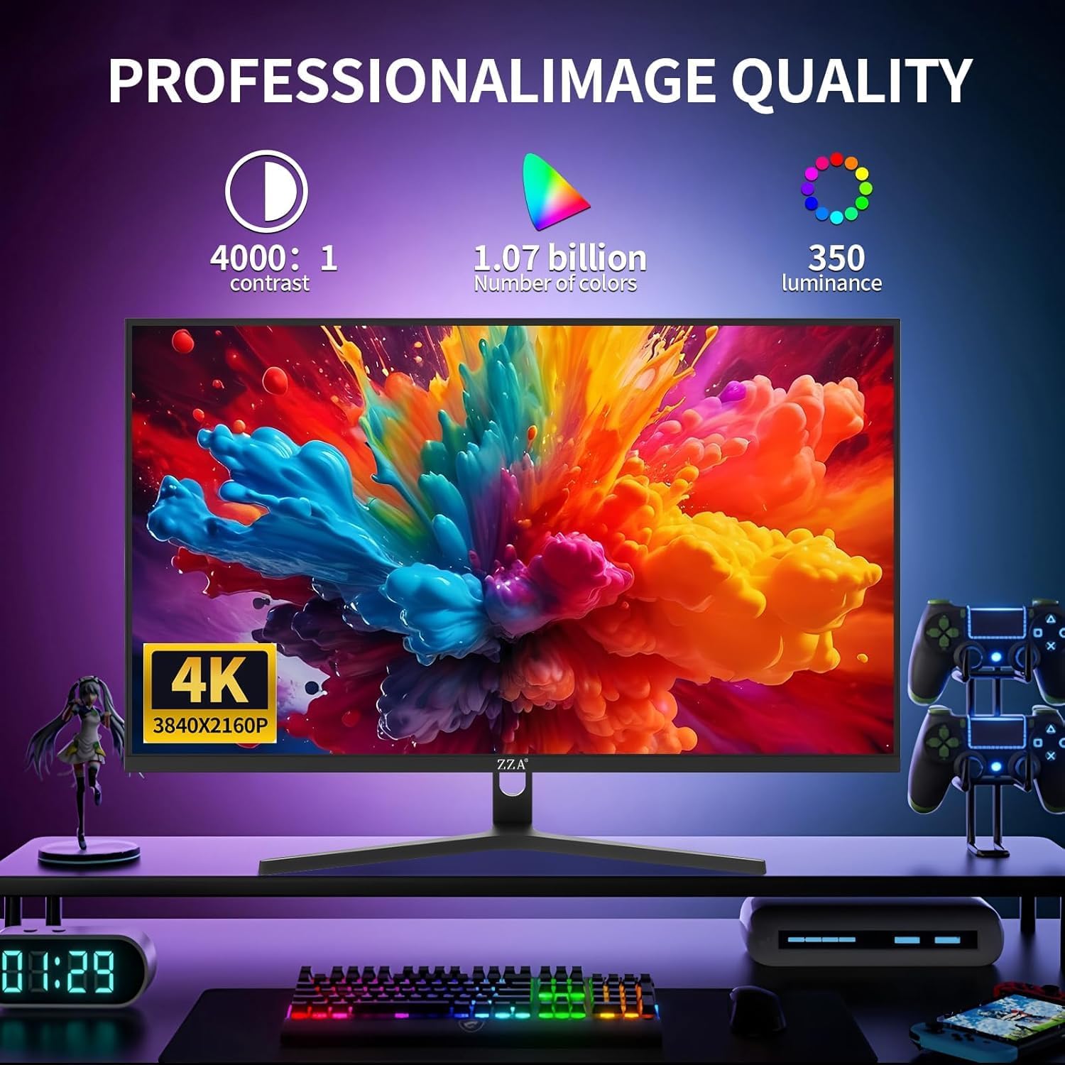 ZZA Computer Monitor 32 Inch Gaming Monitor 4K UHD (3840×2160p) Ultra-Clear IPS Screen, 100% sRGB, HDR10, 178° Viewing Angle, Display Port/HDMI, Compatible with Wall mounting 75 * 75MM