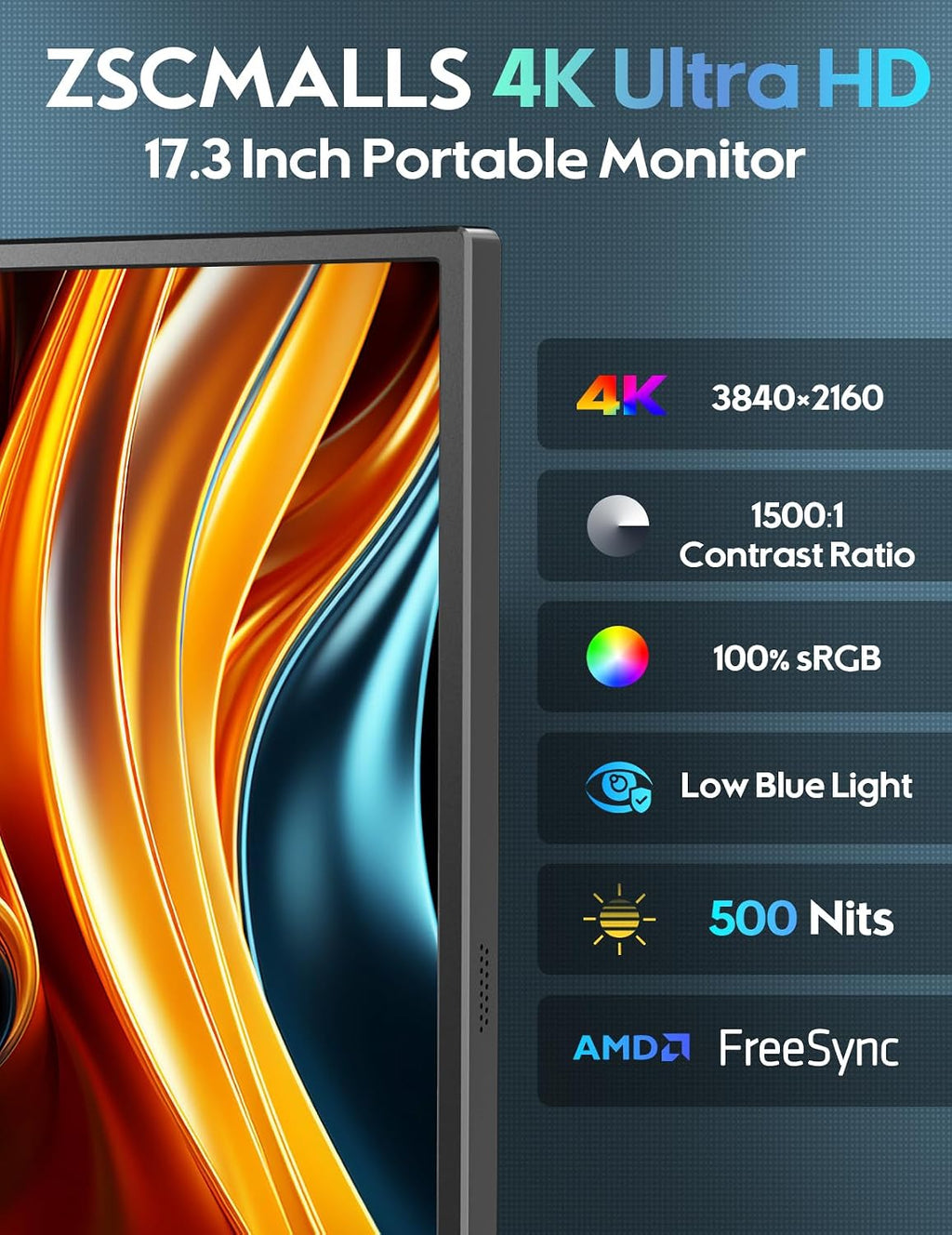 ZSCMALLS 17.3'' 4K Portable Monitor for Laptop, 3840P×2160P IPS Large Screen with HDR, 1500:1 FreeSync, Ultra Slim & Eye Care,Travel Monitor External Screen for Laptop, PC, PS5, Mac, Xbox