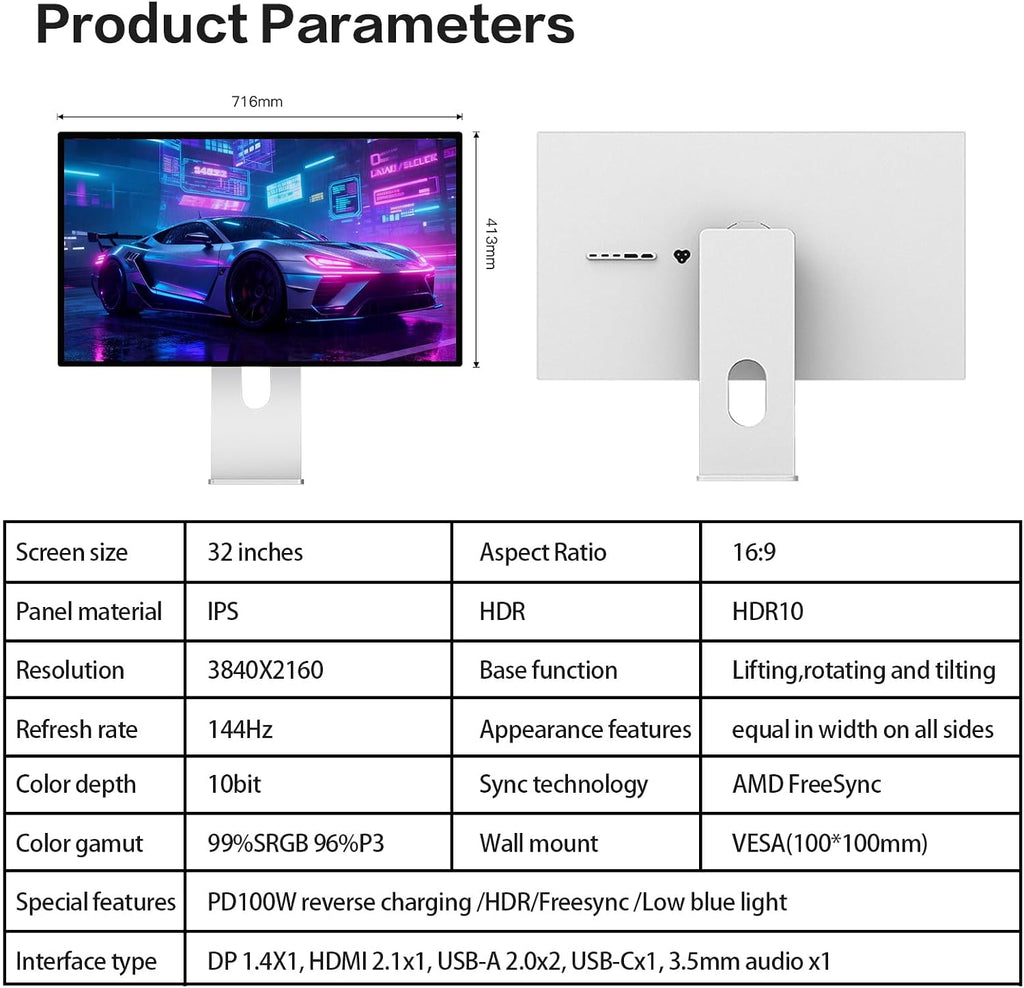 P32K 32'' UHD (3840 x 2160) 4K 144Hz Glossy Monitor, IPS Panel, 10-Bit Color, 99% sRGB, 96% DCI-P3, 5ms, HDR, Low Blue Light, Eye Care (Minimalist - Without Stand)