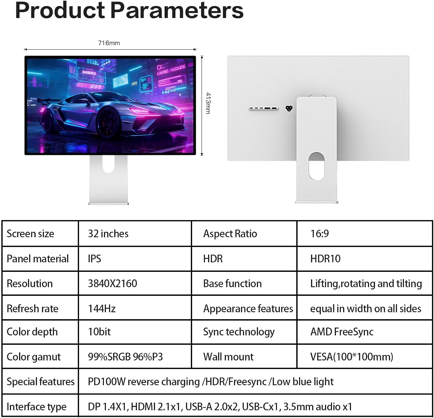 P32K 32'' UHD (3840 x 2160) 4K 144Hz Glossy Monitor, IPS Panel, 10-Bit Color, 99% sRGB, 96% DCI-P3, 5ms, HDR, Low Blue Light, Eye Care (Minimalist - Without Stand)