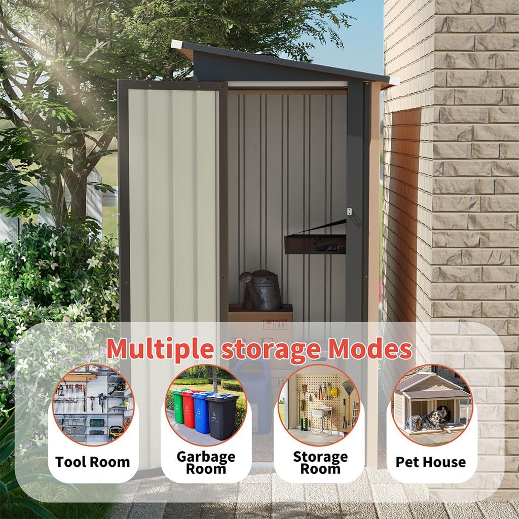 5×3 FT Metal Outdoor Lean-to Storage Shed, Galvanized Steel Garden Tool Shed with Sloping Roof, Lockable Door, Weather-Resistant Backyard Storage for Trash Cans, Bikes & Patio Equipment