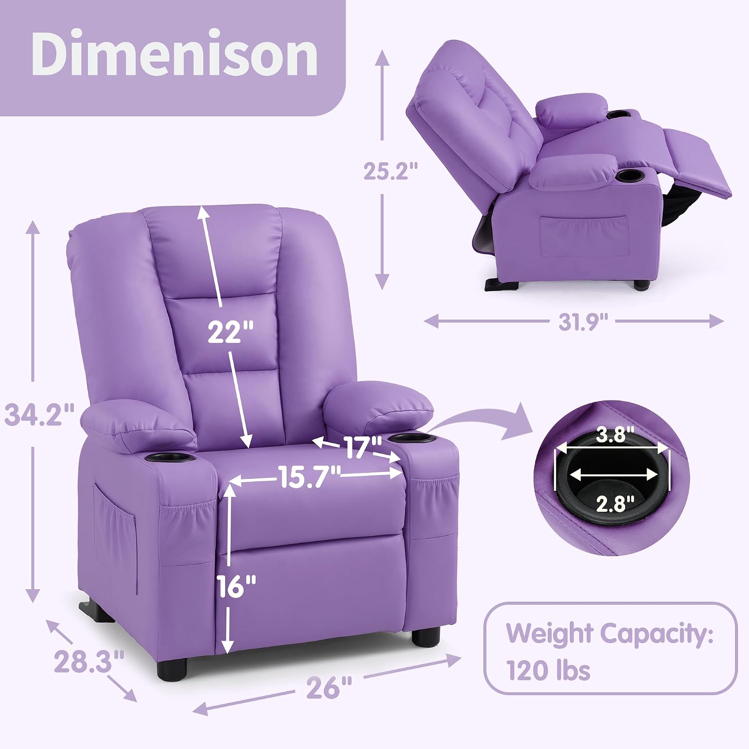 MCombo Big Kids Recliner for Ages 3+, Child Reclining Chair, Toddlers Recliner Sofa with Cup Holders, Faux Leather, 7322(Violet)