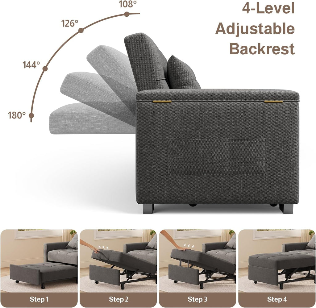 Ahomly 87' Convertible Sofa Bed – Space-Saving Sleeper with Pull-Out Design, Adjustable Backrest, Wide Armrests with Storage, Plush Cushions, Cozy for Small Spaces (Dark Grey)