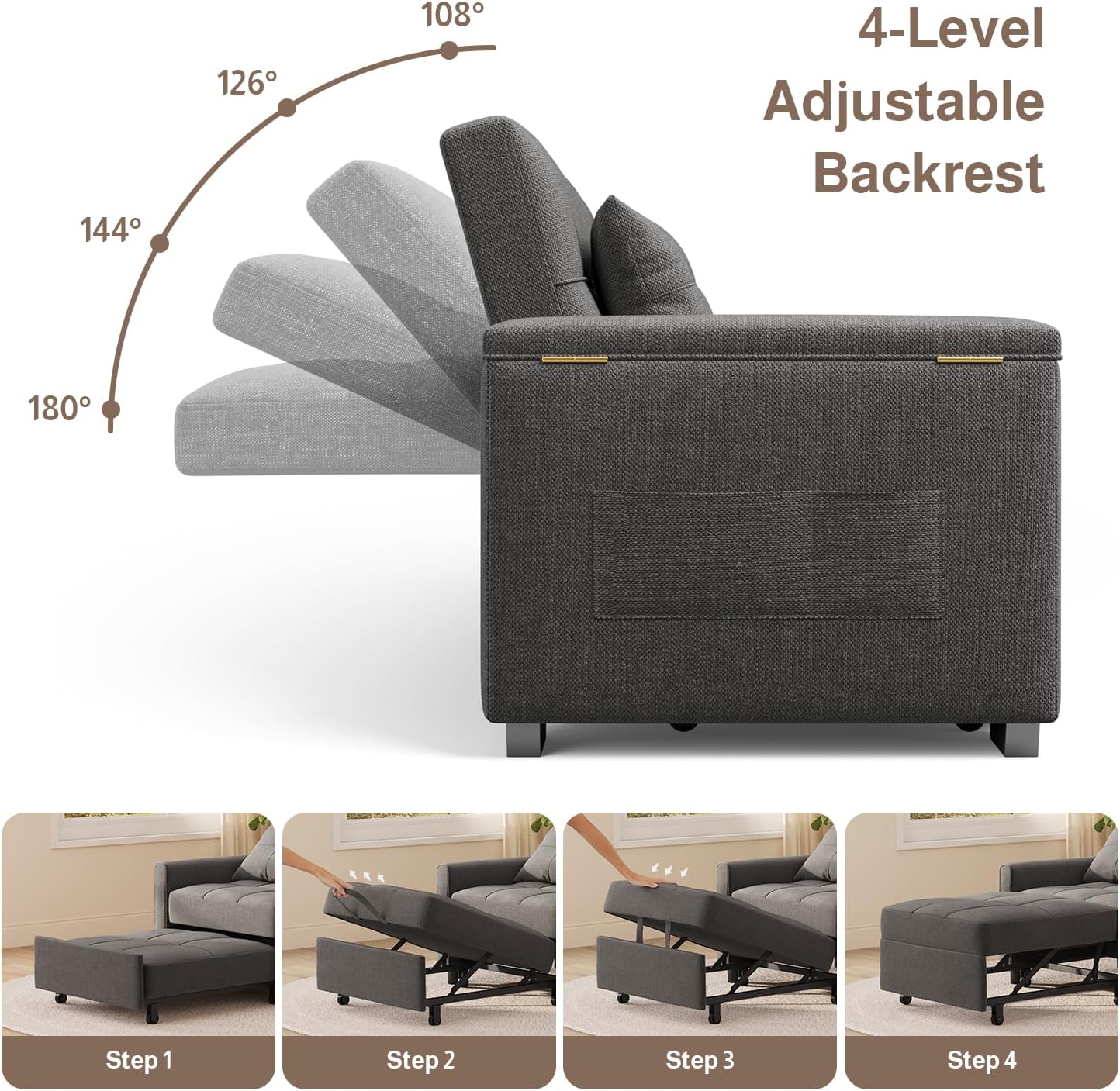 Ahomly 87' Convertible Sofa Bed – Space-Saving Sleeper with Pull-Out Design, Adjustable Backrest, Wide Armrests with Storage, Plush Cushions, Cozy for Small Spaces (Dark Grey)