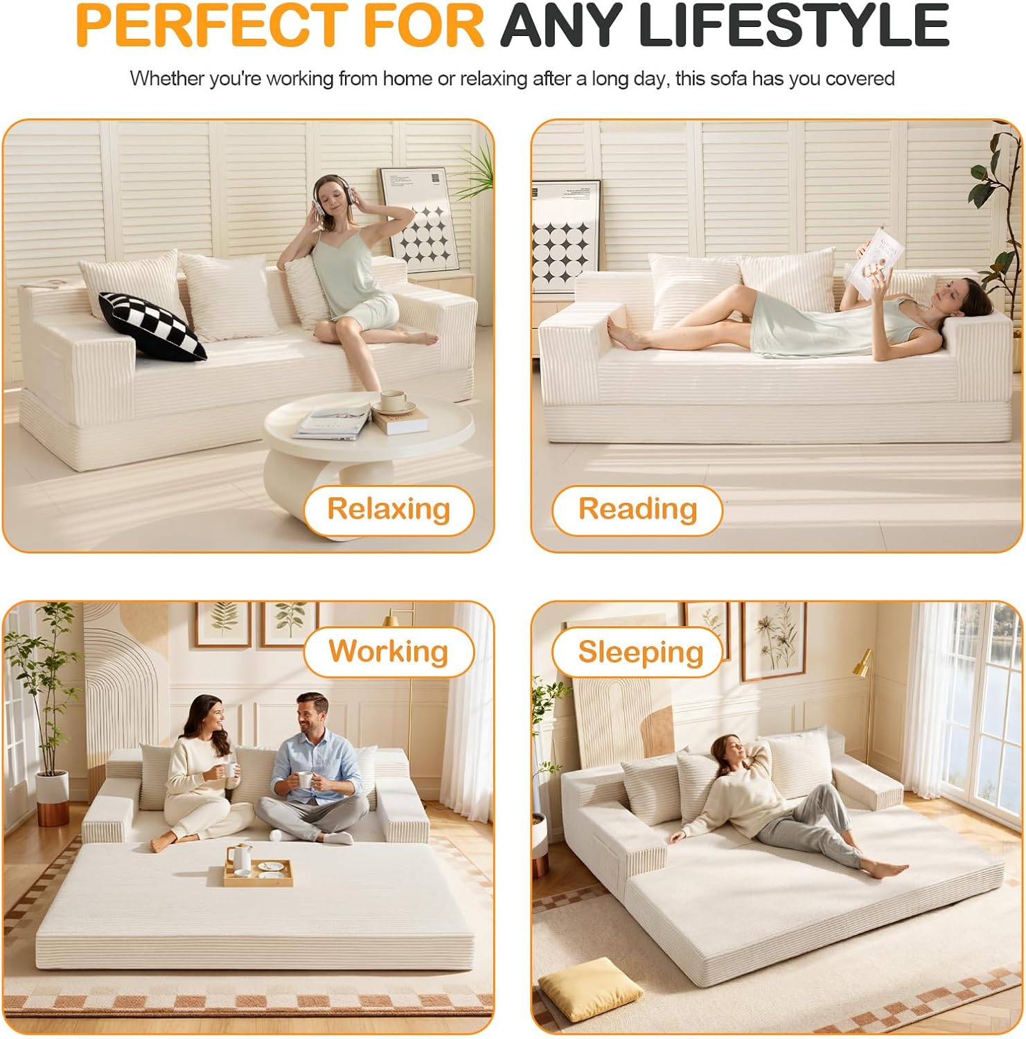 Erament Convertible Futon Sofa Bed Couch, 78'' Corduroy Folding Sofas Bed, Compression Boneless Floor Couch Sofa Beds with 3 Pillows for Living Room Bedroom Apartment