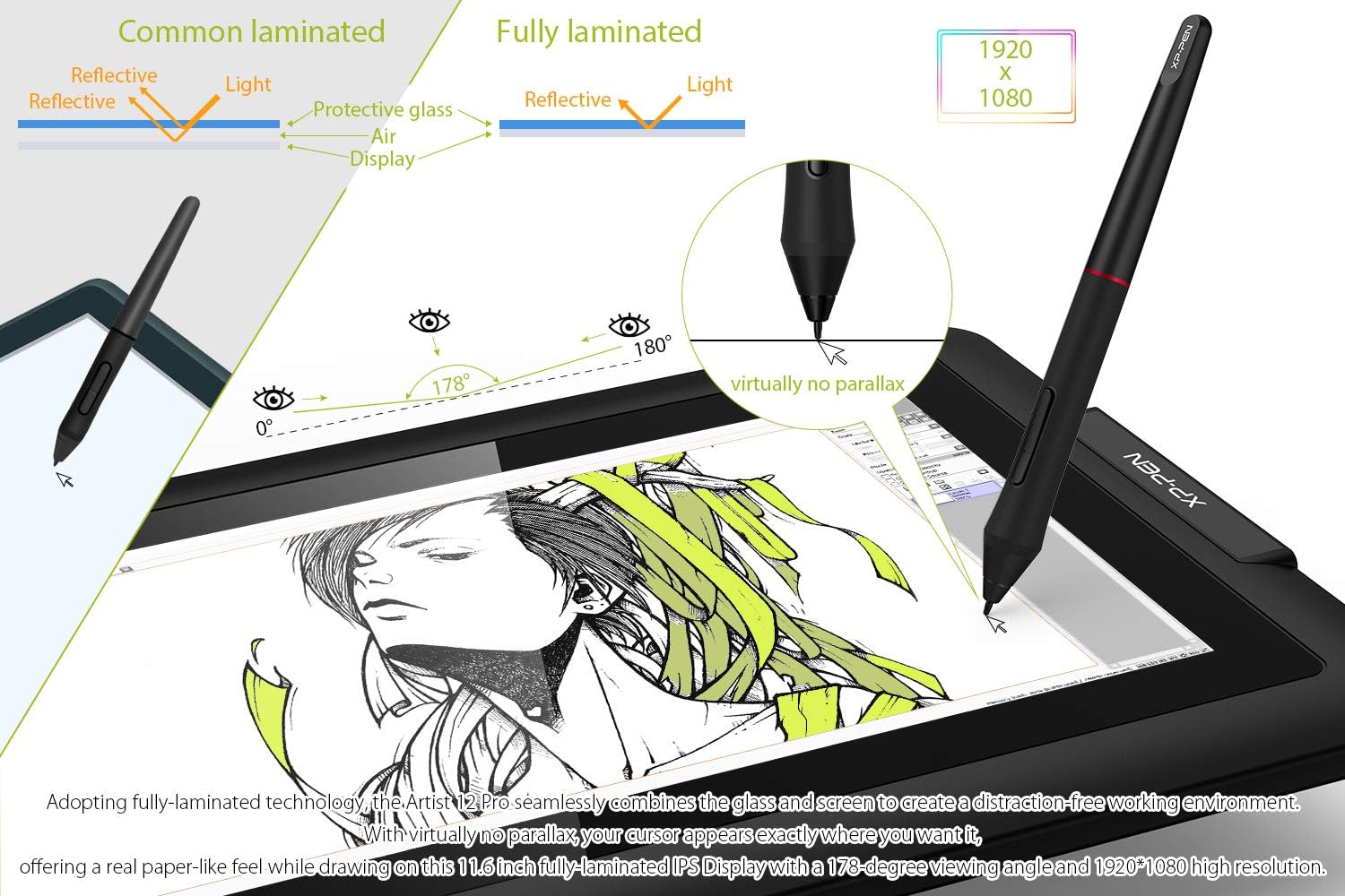 XPPen Artist12 Pro 11.6' Drawing Tablet with Screen Pen Display Full-Laminated Graphics Tablet with Tilt Function Battery-Free Stylus and 8 Shortcut Keys(8192 Levels Pen Pressure and 72% NTSC)
