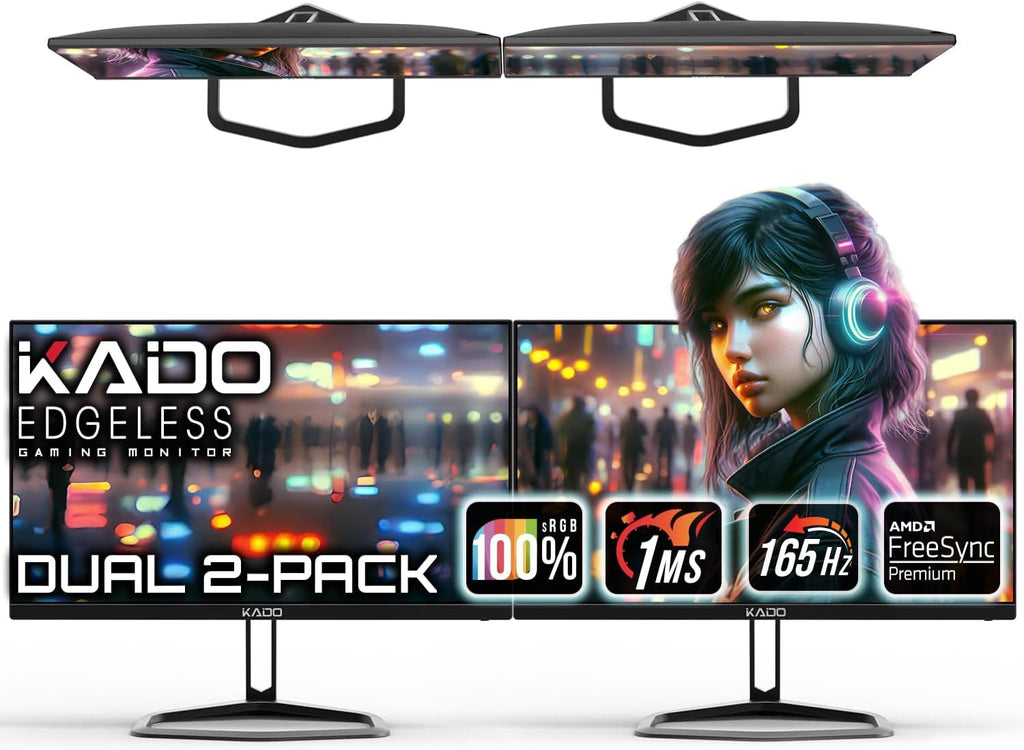 Kado 25' Class Dual Gaming Monitor Setup - 2-Pack 24.5' 165Hz 1ms 1920x1080 Flat Screen Computer Monitor, Parallel Gaming AMD FreeSync Premium Panoramic, VESA Mount HDMI DisplayPort Built-in Speakers