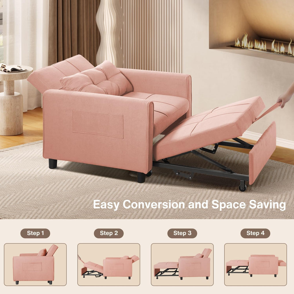 Aiho Convertible Sleeper Chair with Pillow & Pocket, 3-in-1 Sofa Bed in Modern Linen Fabric for Apartment, Pink