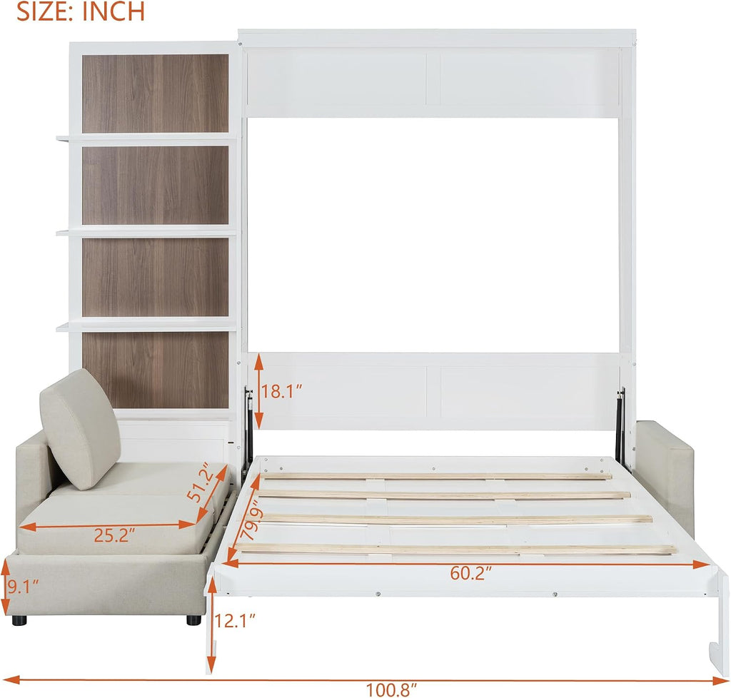 Harper & Bright Designs Queen Size Murphy Bed, Wood Queen Wall Bed with Sofa and Shelves, White