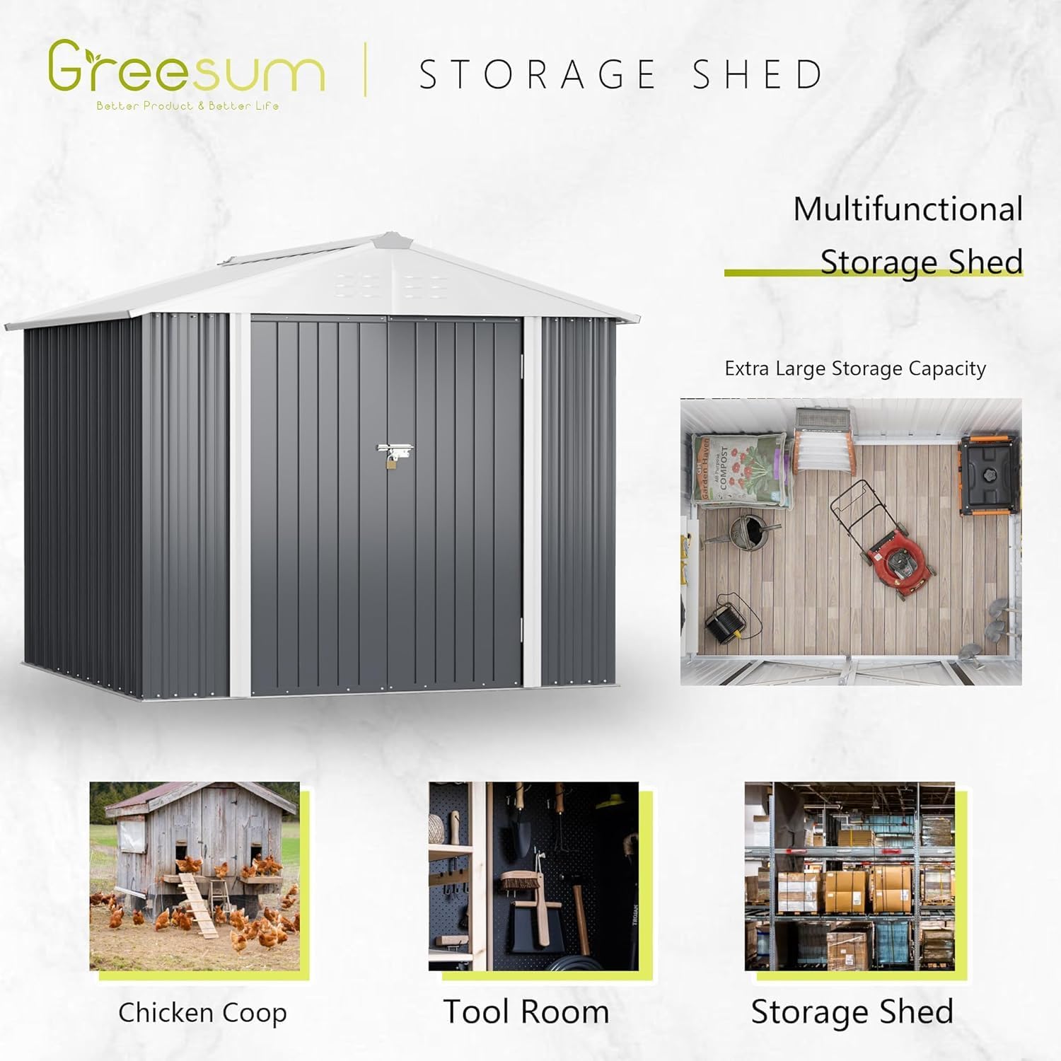 Greesum 8x6FT Outdoor Storage Shed, Utility Tool Shed with Sloping Roof, Metal Storaged Garden Shed with Door & Lock for Patio Storage, Gray
