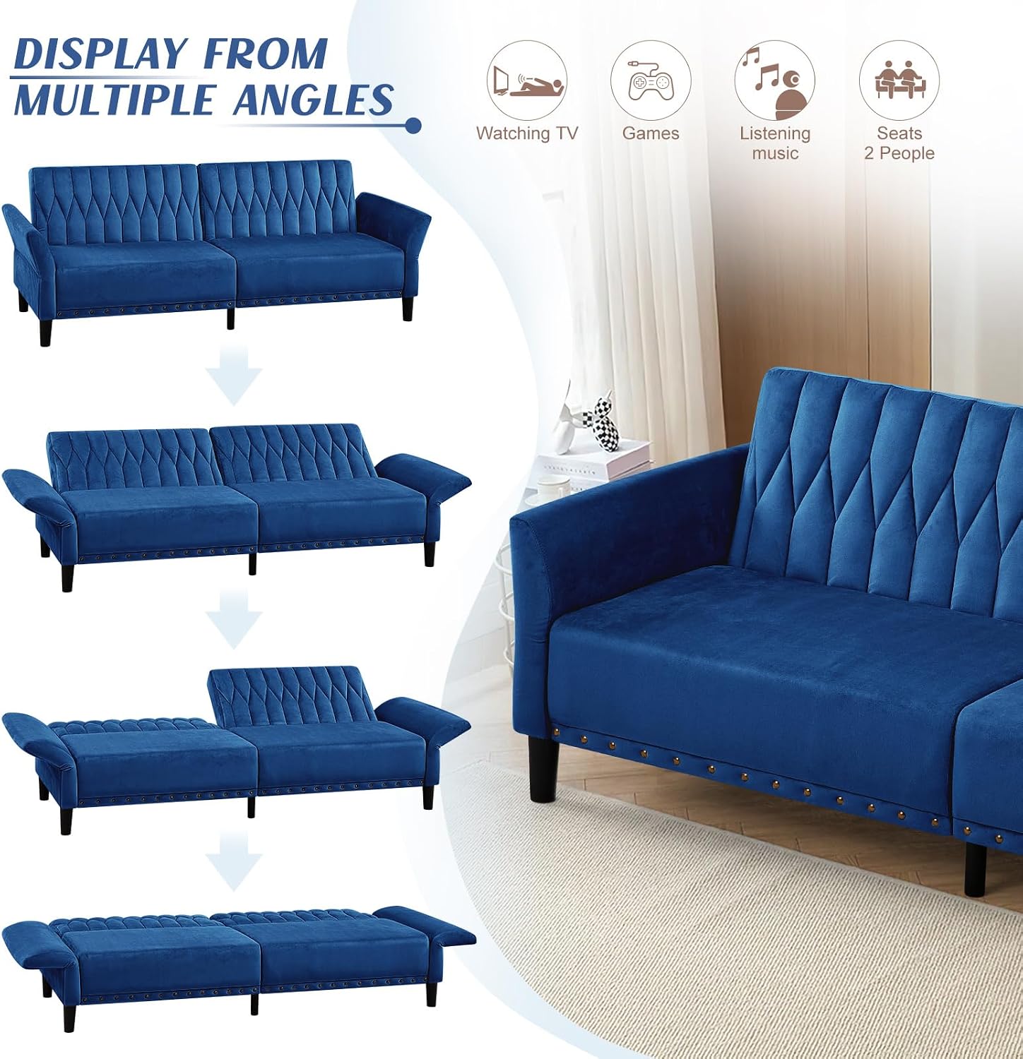 77' Velvet Sofa Bed with Adjustable Armrests and Backrests,Tufted Convertible Futon Couch with Nailhead Trim, Loveseat Modern Velvet Sleeper Sofa for Living Room,Bedroom,Office,Blue