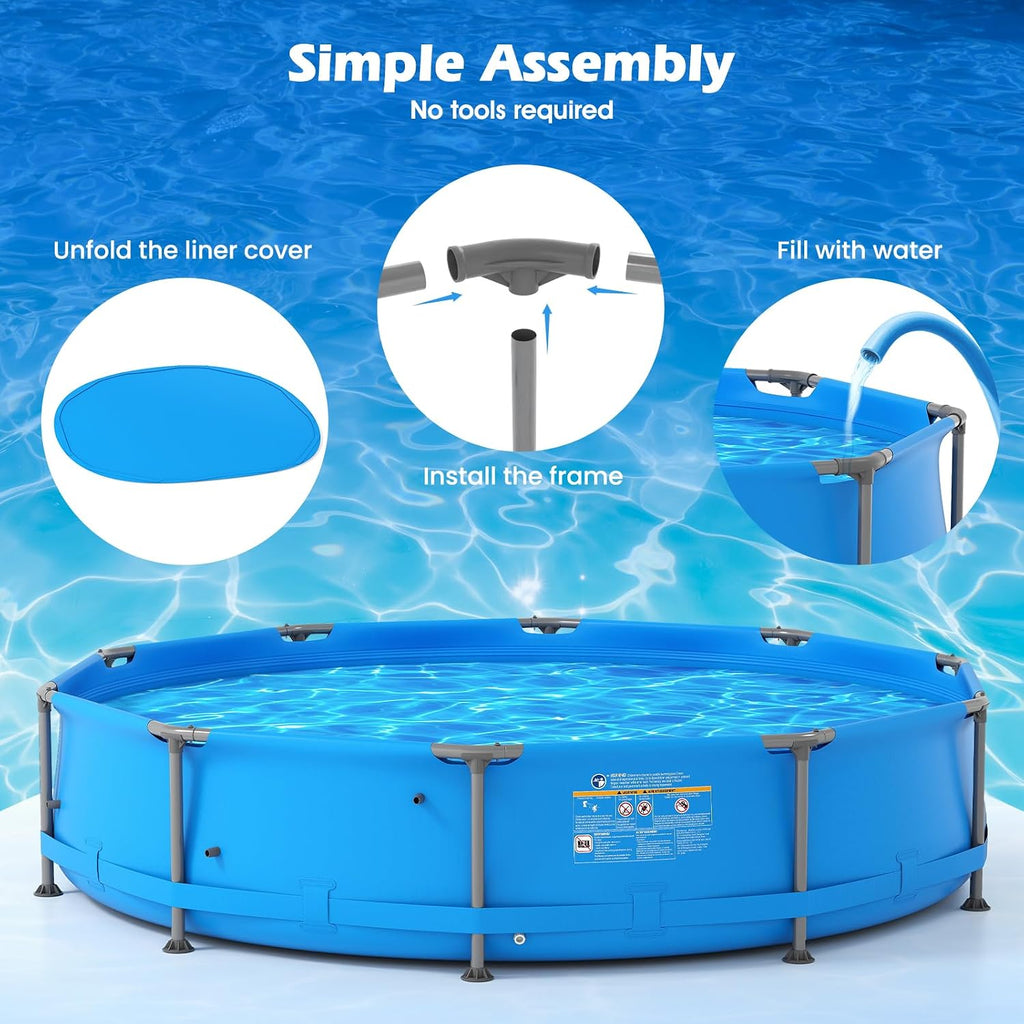 GYMAX 12ft x 30in Metal Frame Above Ground Swimming Pool, Outdoor Backyard Famliy Pool Set with Puncture-Resistant Fabric, Drainage Valve Connector for Kids & Adults (12' x 30', Round, Blue)