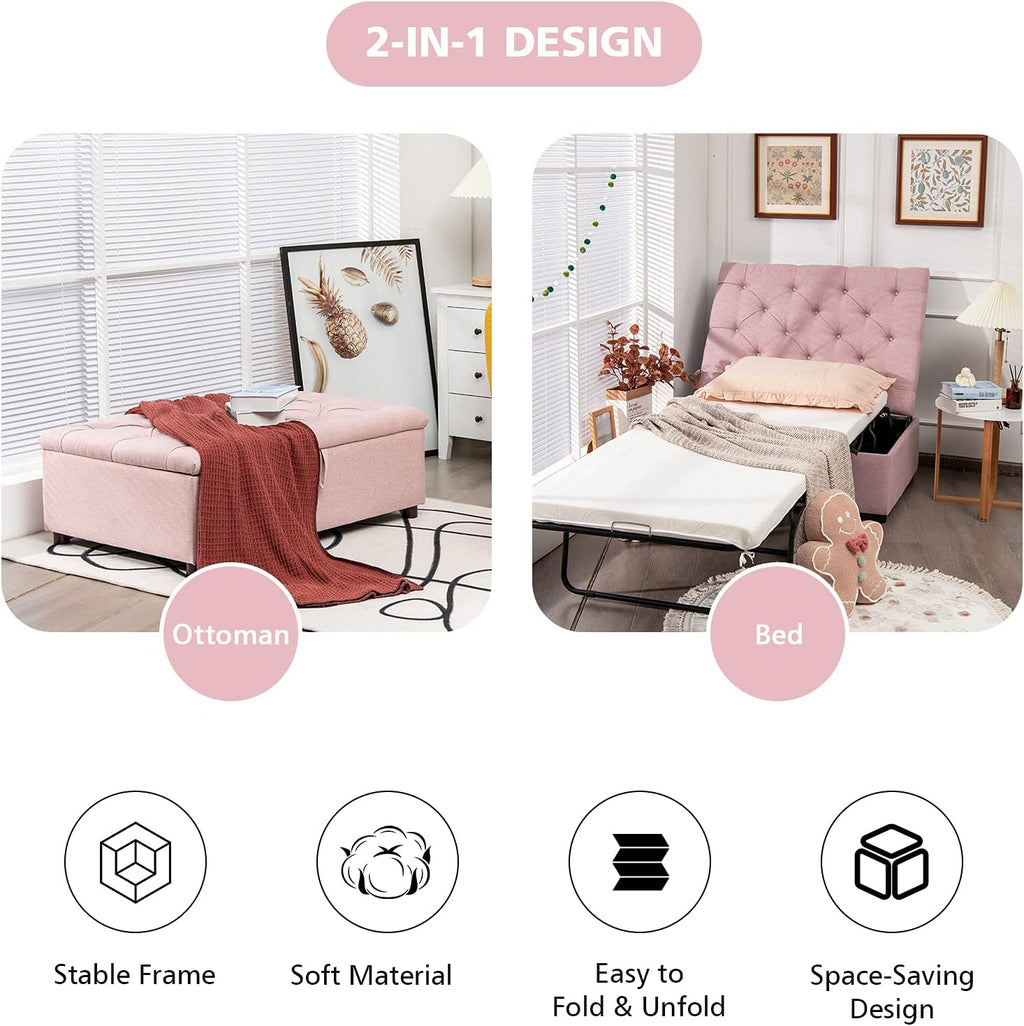 Giantex Ottoman Folding Bed, Fold Out Sleeper Bed with Mattress, Convertible Chair into Sofa Beds, Couch Sleeper w/Steel Frame, Dual Use Guest Lounge Beds, Living Room Bedroom Office(Pink)