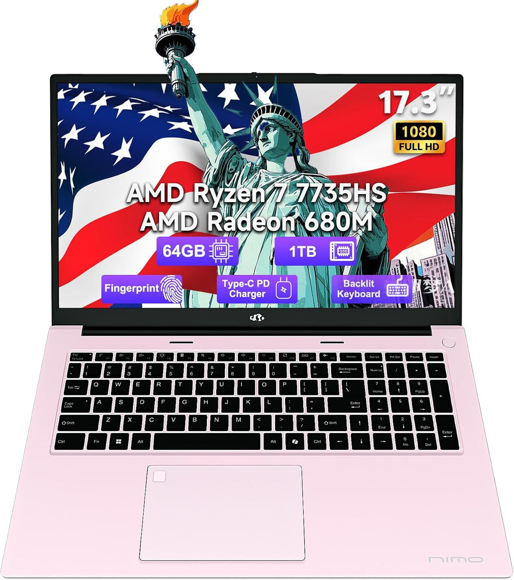 NIMO 17.3-Laptop, AMD Ryzen 7 7735HS (8C/16T) Radeon 680M, 64GB DDR5 RAM 1TB SSD, 100W PD Type-C Fast Charging, Wi-Fi 6E BT 5.2, Fingerprint Unlock, Backlit Keyboard for Business Student Light Gaming