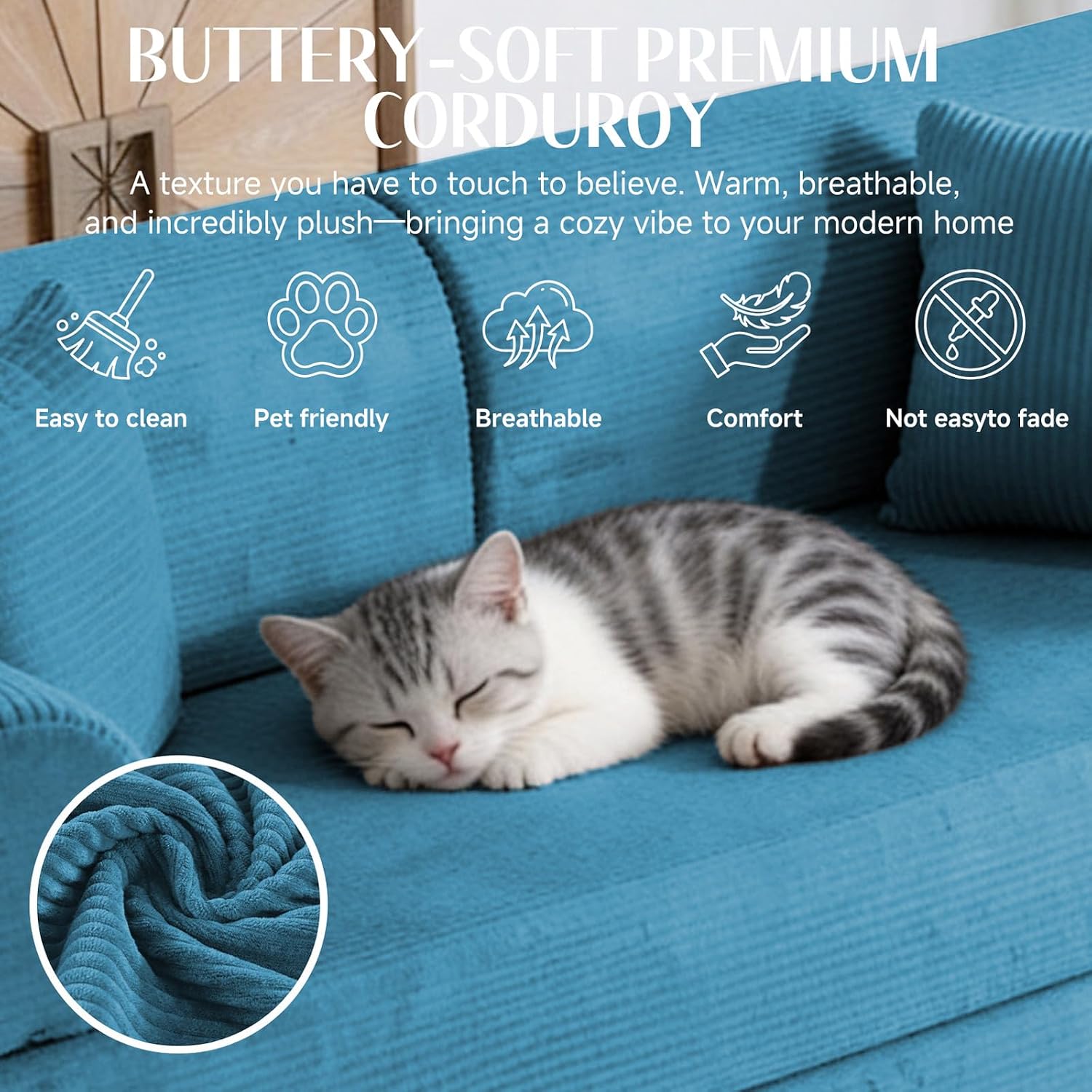 78.8' Convertible Sofa Bed with Detachable Arm Pillow, 6-in-1 Sectional Couches for Living Room, Corduroy Boneless Couch, Sleeper Loveseat Couch Bed, No Assembly, Azure Couch