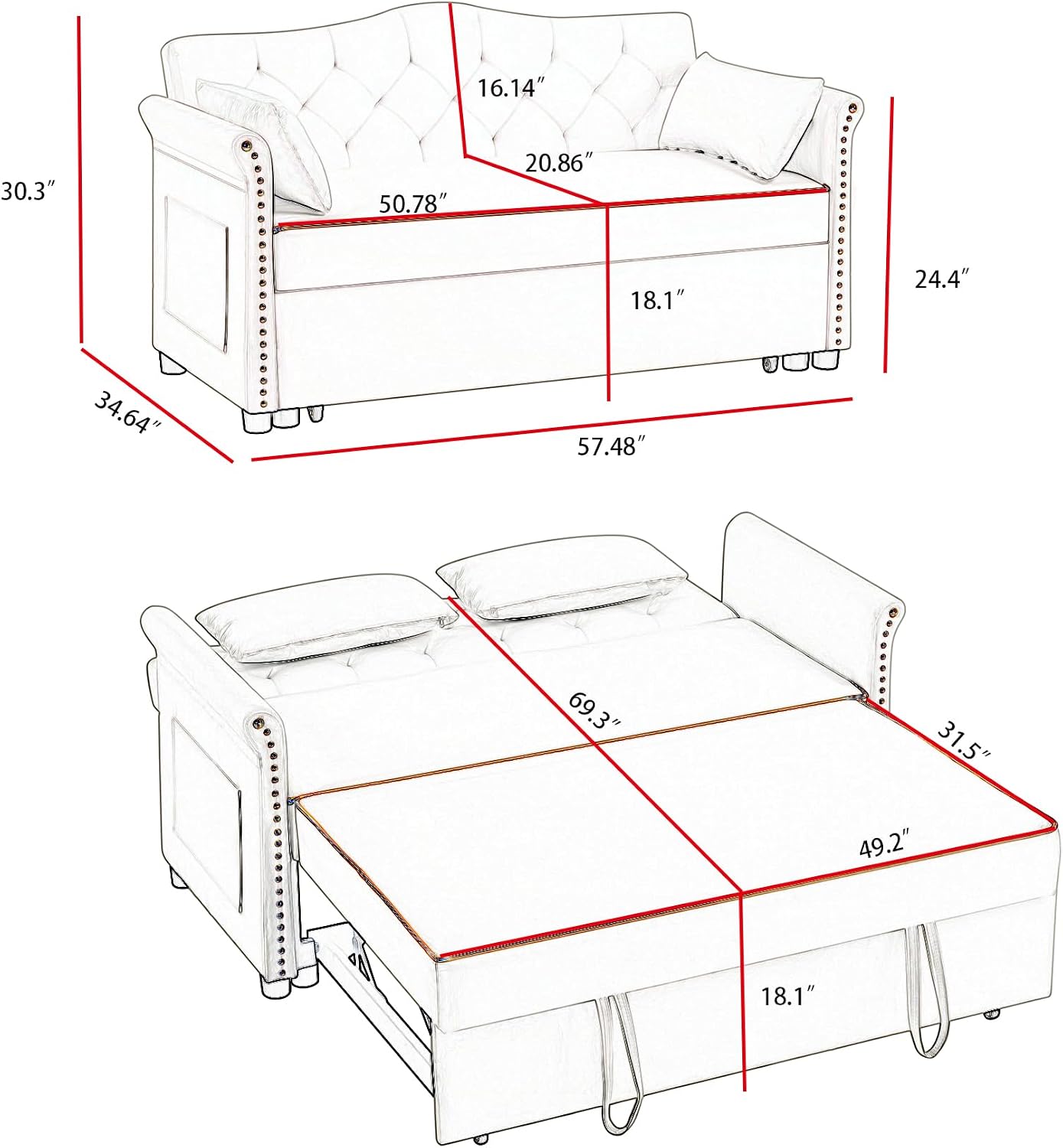 Auvsoce 57'' Convertible Sleeper Sofa Bed with Adjustable Backrest, Chaise Lounge, 2 Pillows & Side Storage Pockets – Stylish & Functional Furniture for Living Room or Small Spaces (Grey Sofa Bed)