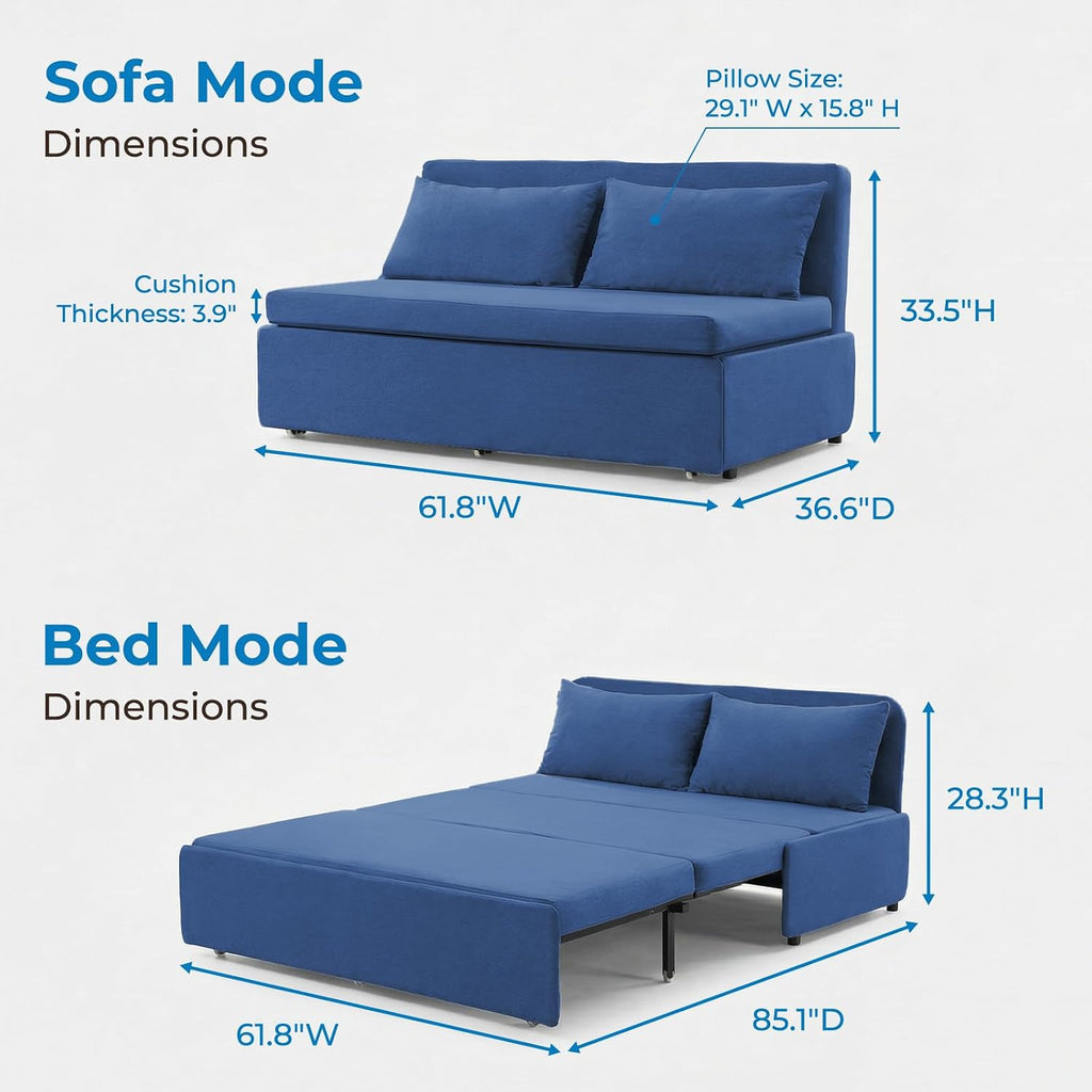 Mjkone 64' Width Queen Size Sleeper Sofa Bed, 2-in-1 Modern Convertible Linen Sofa Sleeper Pull Out Couch Bed with Cushions & Throw Pillows for Living Room Home Office Small Place, Blue