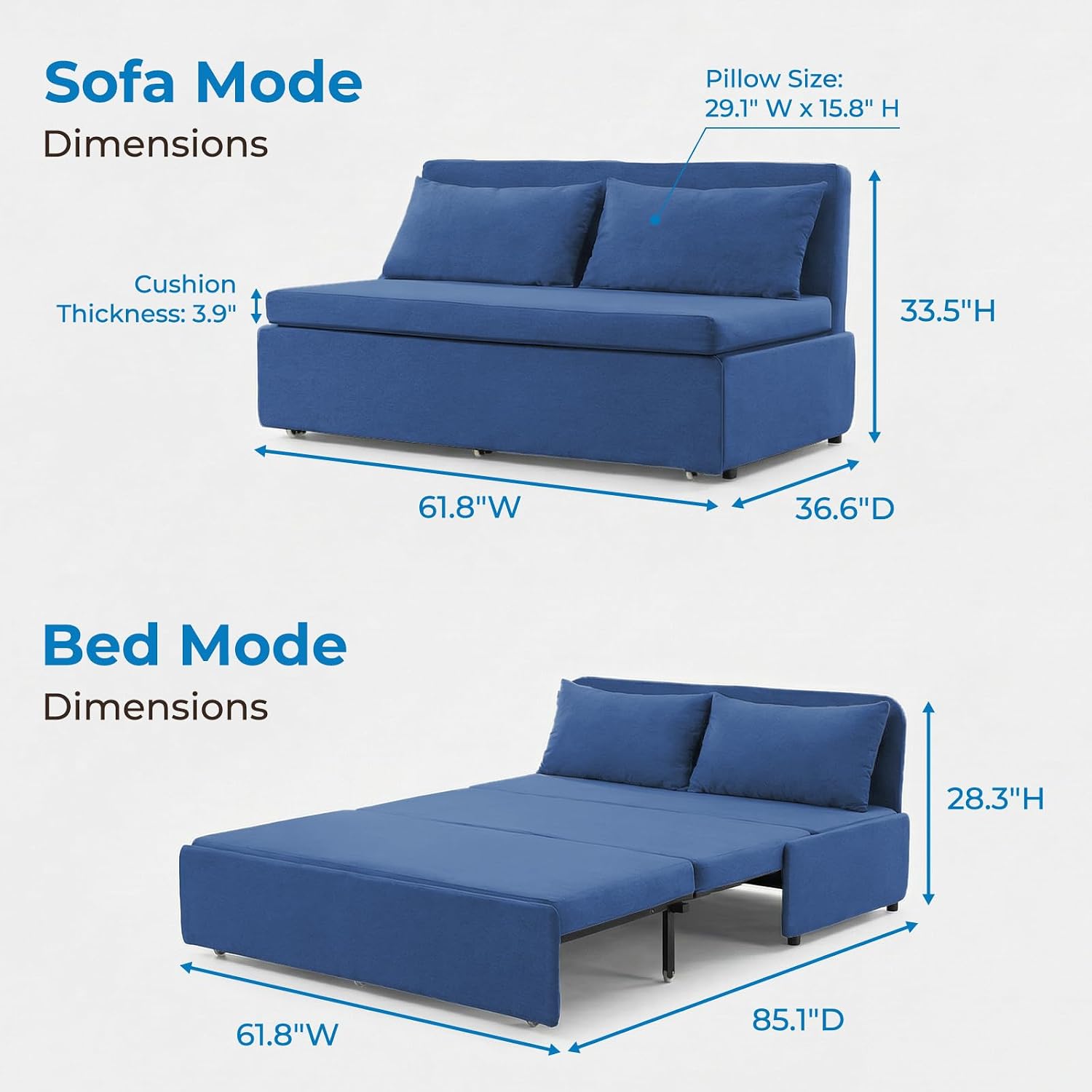Mjkone 64' Width Queen Size Sleeper Sofa Bed, 2-in-1 Modern Convertible Linen Sofa Sleeper Pull Out Couch Bed with Cushions & Throw Pillows for Living Room Home Office Small Place, Blue