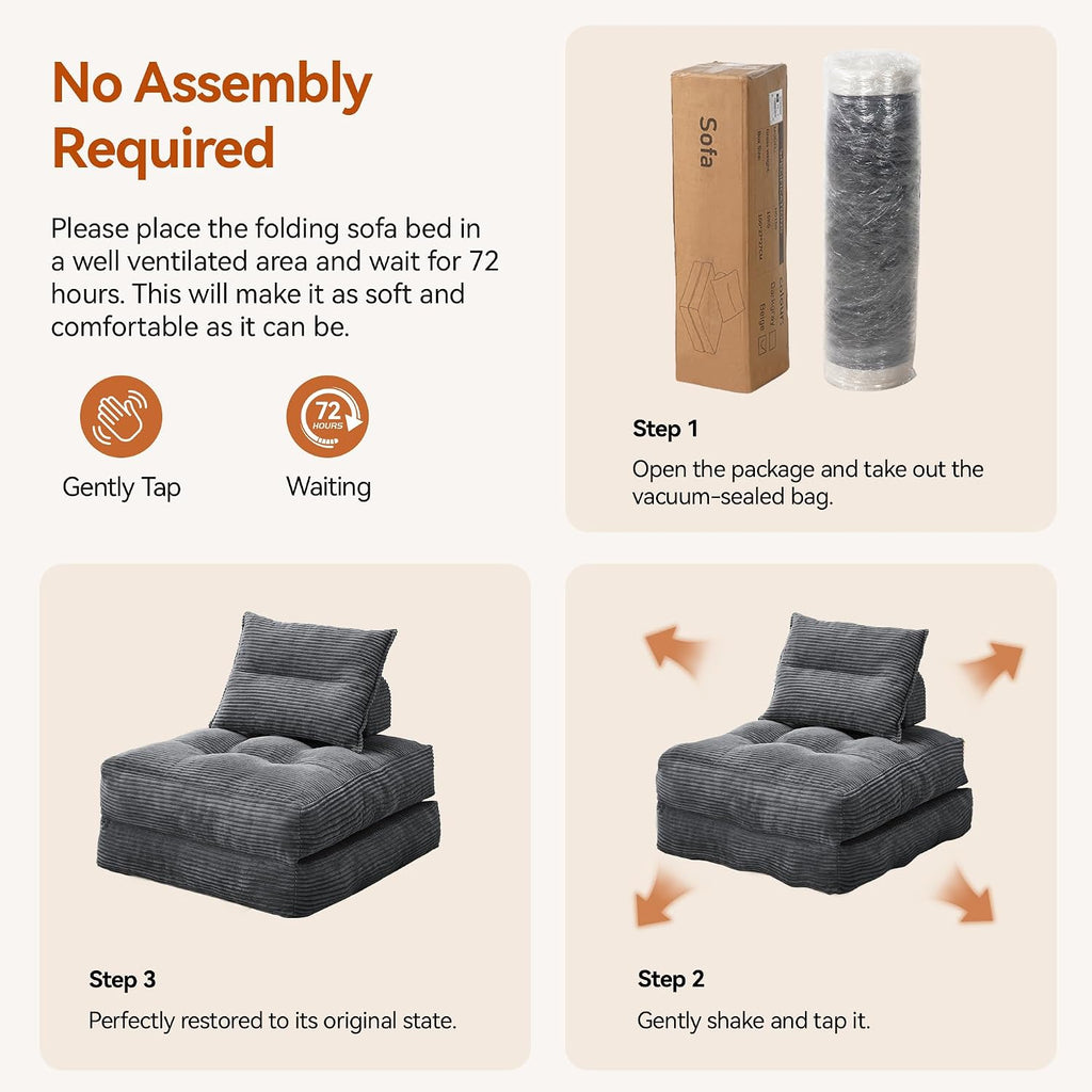 MONVANE Folding Sofa Bed, Fold Out Chair Bed with Pillow, Convertible Sleeper Chair for Living Room/Small Spaces, Foldable Lazy Sofa Bed Floor Chair, Comfy Corduroy Couch Bed, Dark Grey