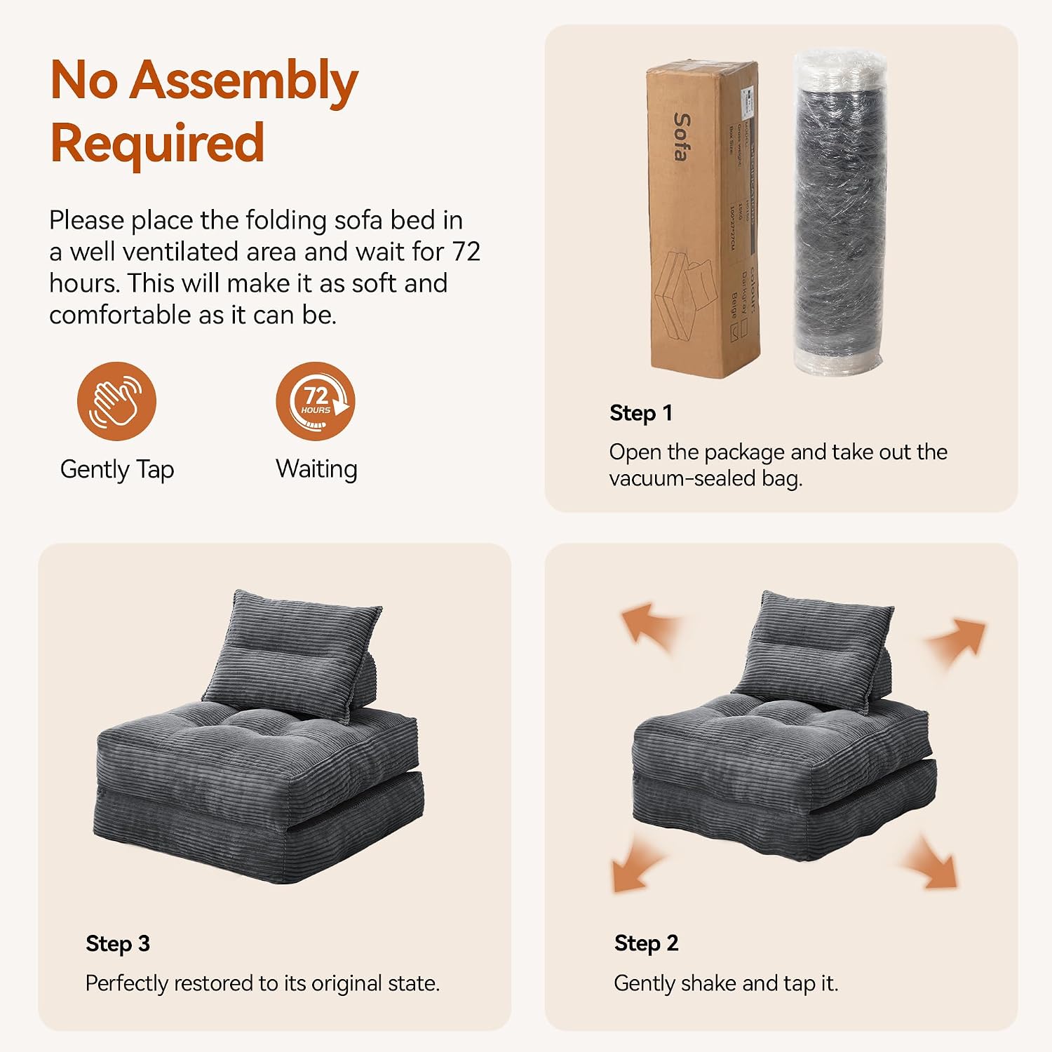 MONVANE Folding Sofa Bed, Fold Out Chair Bed with Pillow, Convertible Sleeper Chair for Living Room/Small Spaces, Foldable Lazy Sofa Bed Floor Chair, Comfy Corduroy Couch Bed, Dark Grey