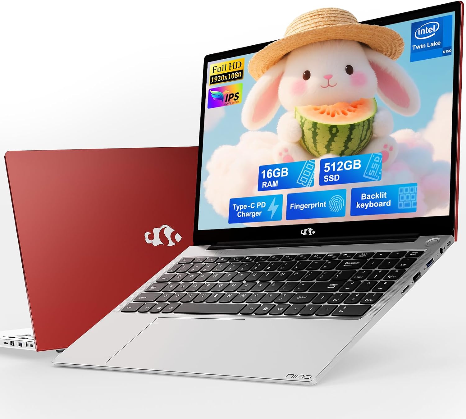 NIMO 15.6' IPS FHD-Student-Laptop, 16GB RAM 512GB SSD Intel N150(Beat i3-10110U, Up to 3.6GHz) Computer with 65W Type-C, Fingerprint, Backlit Keyboard, Wi-Fi 6, BT5.2, for Business and Home