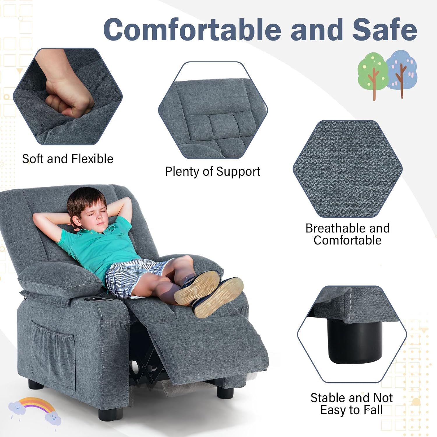BOSMILLER Kids Recliner Chair， Push Back Toddler Recliner with Cup Holders & Side Pockets， Adjustable Footrest & Headrest Kids Sofa for Boys Girls 3+ Age Group