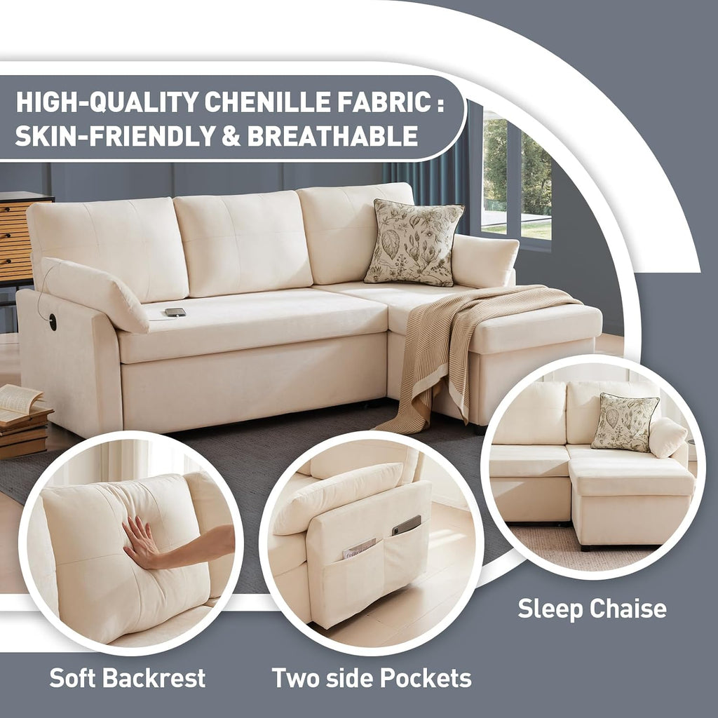 Waxberry 85' L Shaped Sectional Sofa Couch, Pull Out Couch Sleeper Sofa Bed for Living Room, Modular Chenille Deep Seat Sofa, Reversible Chaise, Storage, Side Pockets & Dual USB/Type-C Ports, Beige