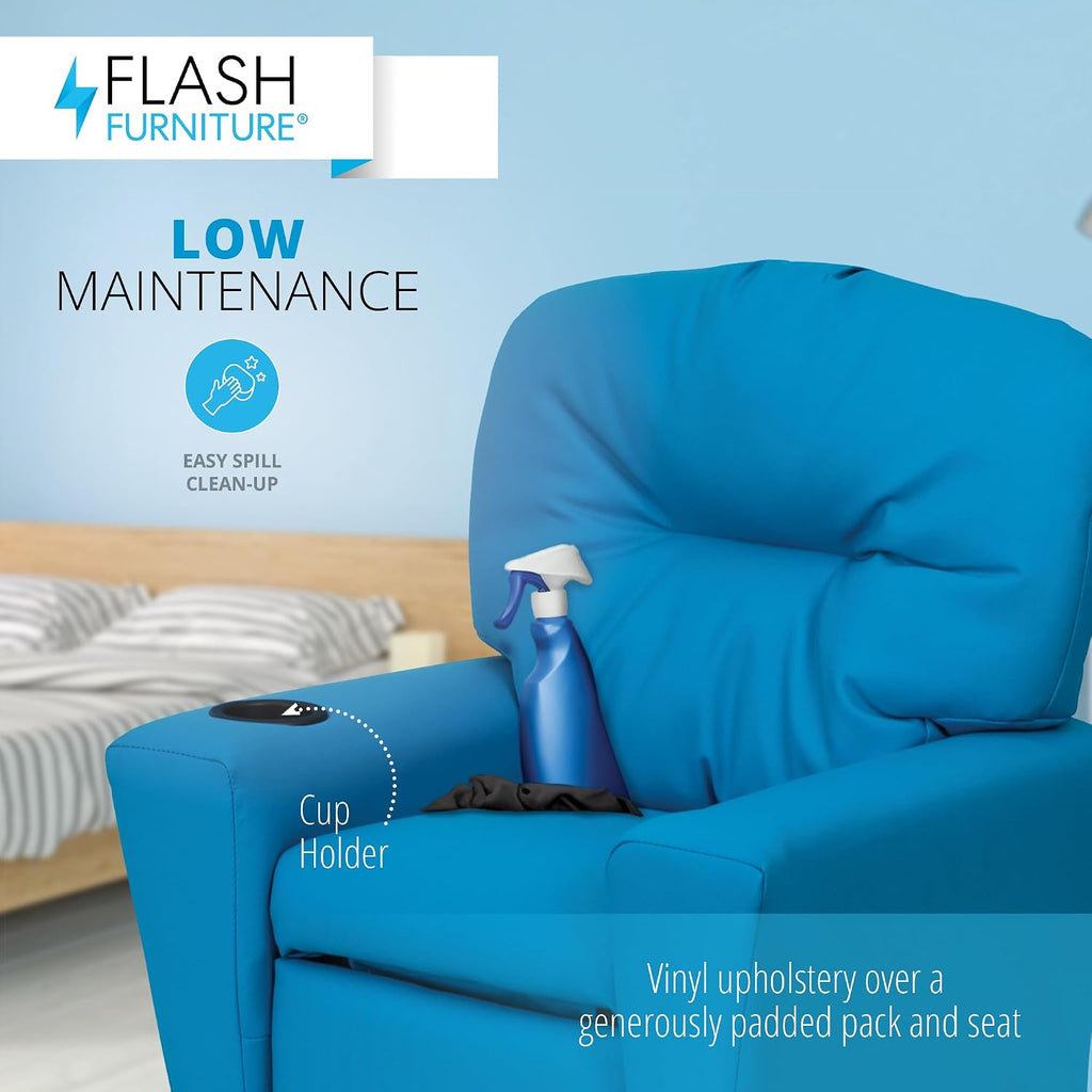 Flash Furniture Chandler Vinyl Kids Recliner with Cup Holder and Safety Recline, Contemporary Reclining Chair for Kids, Supports up to 90 lbs., Turquoise