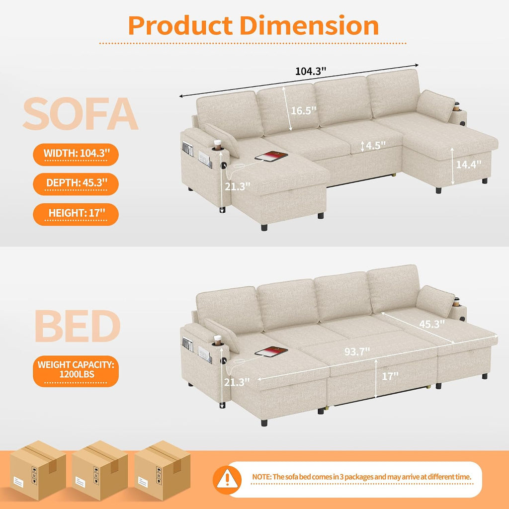 DURASPACE 104.3'' Sleeper Couch Pull Out Sofa Bed 2 in 1 Convertible Sofa Sleeper with Storage, U Shaped Sectional Couch Bed for Small Spaces Living Room Bedroom Apartment (Beige)