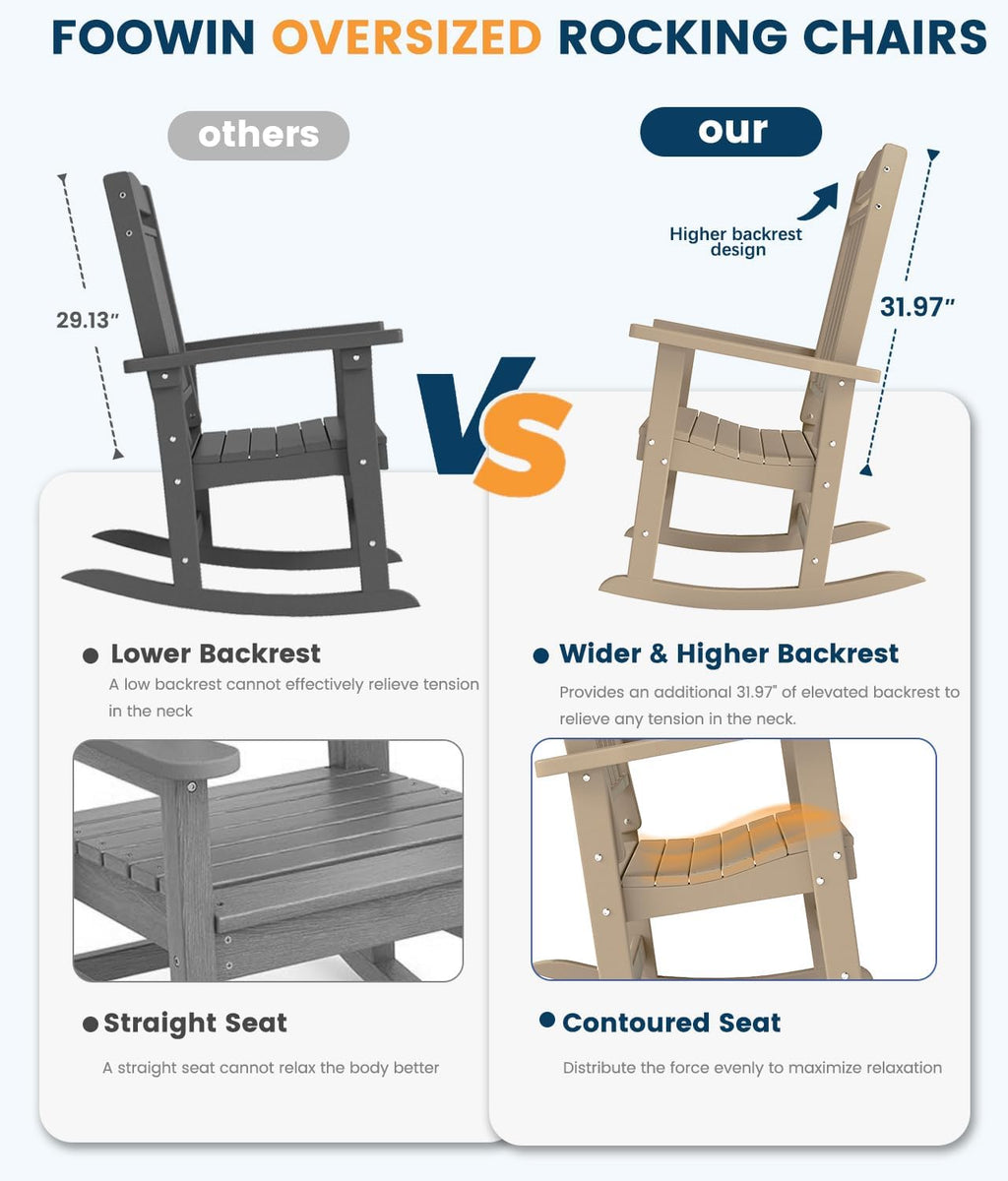 FOOWIN 3-Piece Outdoor Rocking Chairs Set, High Back Patio Rocker with Side Table, HDPE All Weather Resistant Oversized Rocking Chairs for Indoors, Porch, Patio, Backyard, Brown