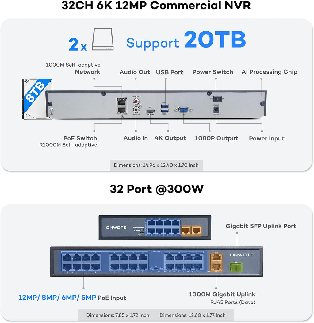 ONWOTE 32 Channel Security Camera System, 12MP 32CH NVR 8TB, 32 Ports PoE Switch, 24x 6MP Outdoor Audio PoE IP Cameras, AI Human Vehicle Detection, 24x Cables-2280ft, Commercial CCTV for Business