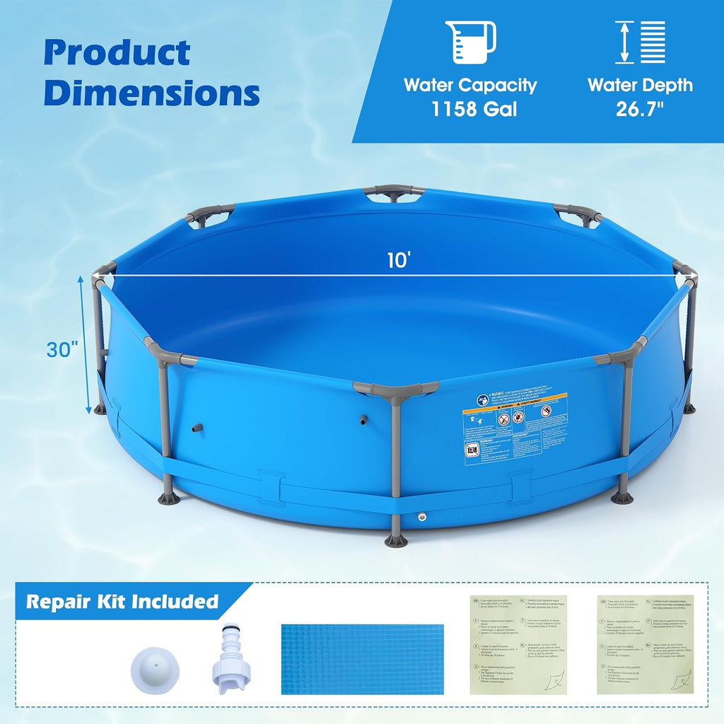 GYMAX 10ft x 30in Metal Frame Above Ground Swimming Pool, Outdoor Backyard Famliy Pool Set with Puncture-Resistant Fabric, Drainage Valve Connector for Kids & Adults (10' x 30', Round, Blue)