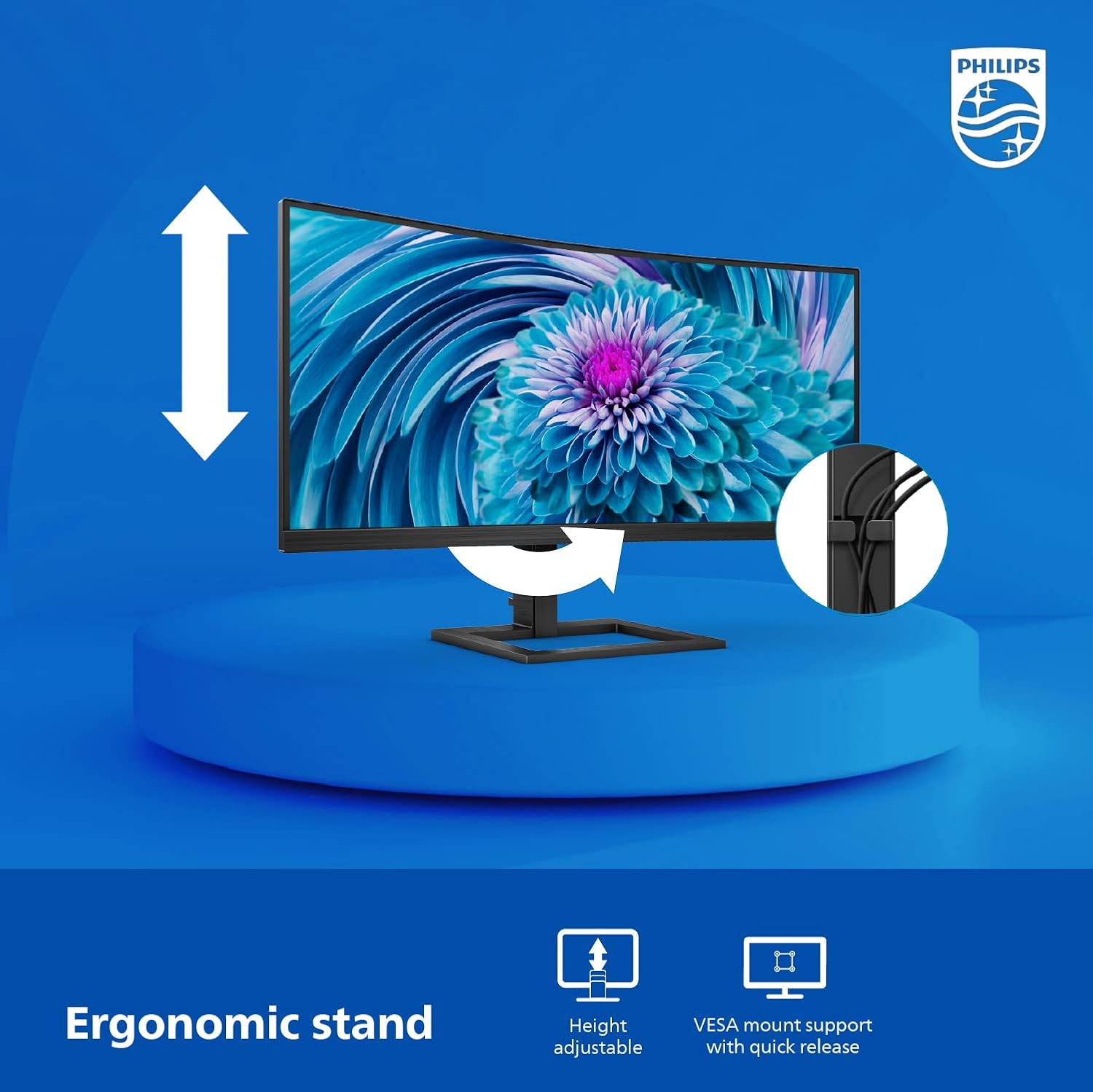 Philips 346E2CUAE 34'' Curved Frameless UltraWide QHD 3440x1440,100Hz 1ms MPRT, sRGB 121%, USB-C Charging, MultiView PIP/PBP, Height Adjustable, 4Yr Advance Replacement