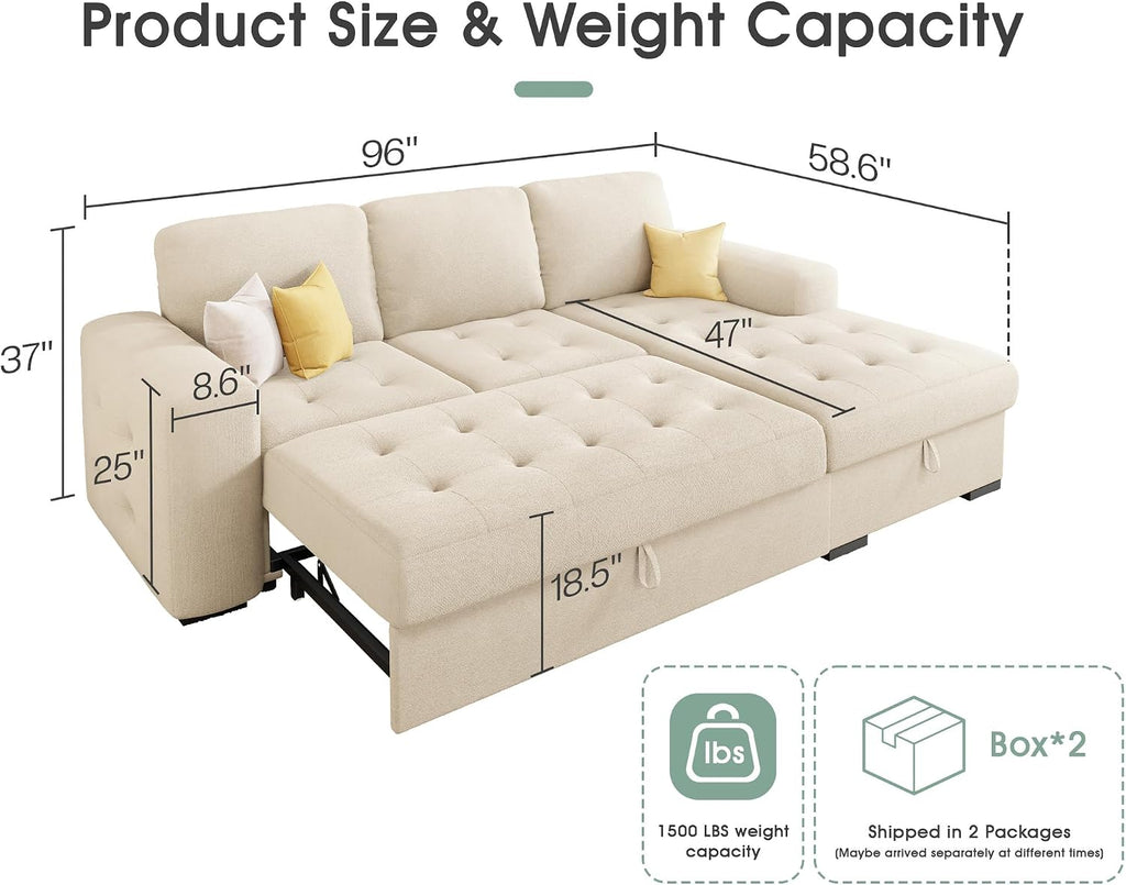 VanAcc 96' Sofa Bed Couch with Storage Chaise, Convertible Sleeper Sofa, Sleeper Couch with Pull Out Bed for Living Room(Beige)
