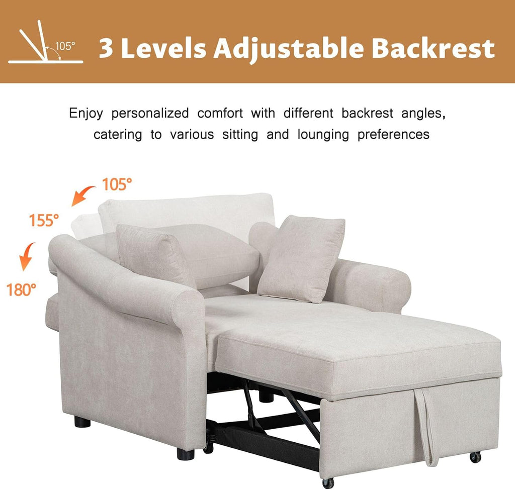Merax Chenille Convertible Sleeper Chair with Pillow & Adjustable Backrest, Adult 3 in 1 Lounger Sofa Turns Into Chaise Lounge Recliner Single Bed for Living Room Balcony Bedroom Office, Beige