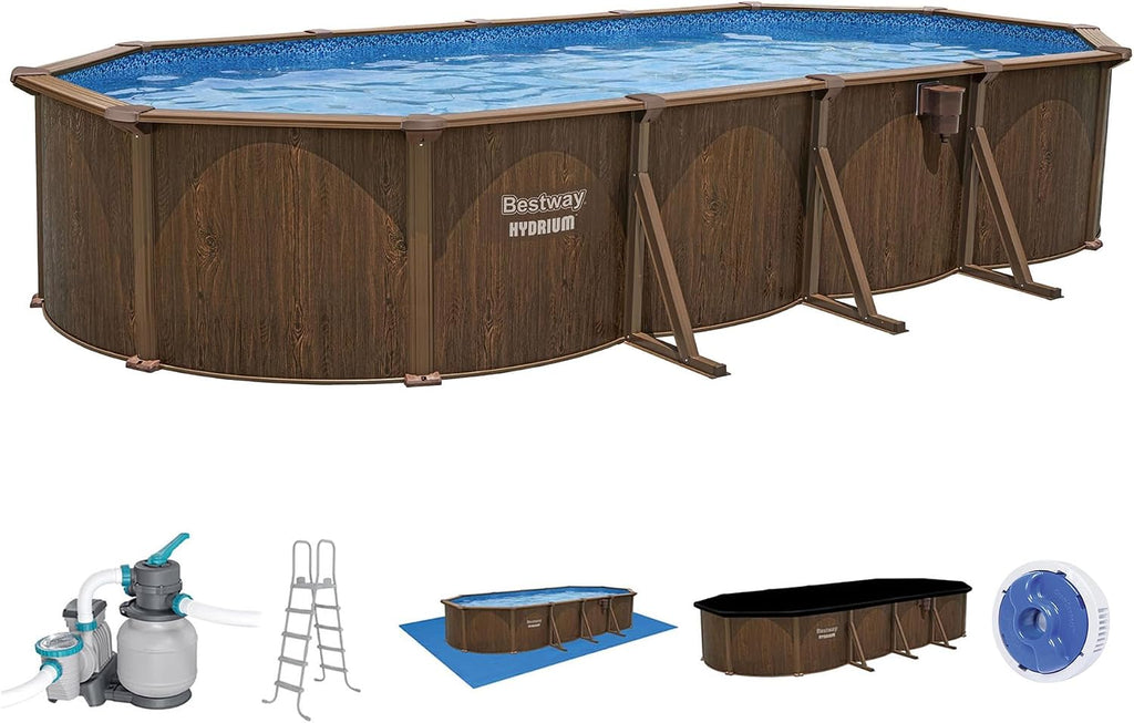 Bestway Hydrium 24' x 12' x 52' Above Ground Pool, Oval Steel Side Wall Frame Outdoor Swimming Pool Set with Sand Filter Pump, Ladder & Accessories