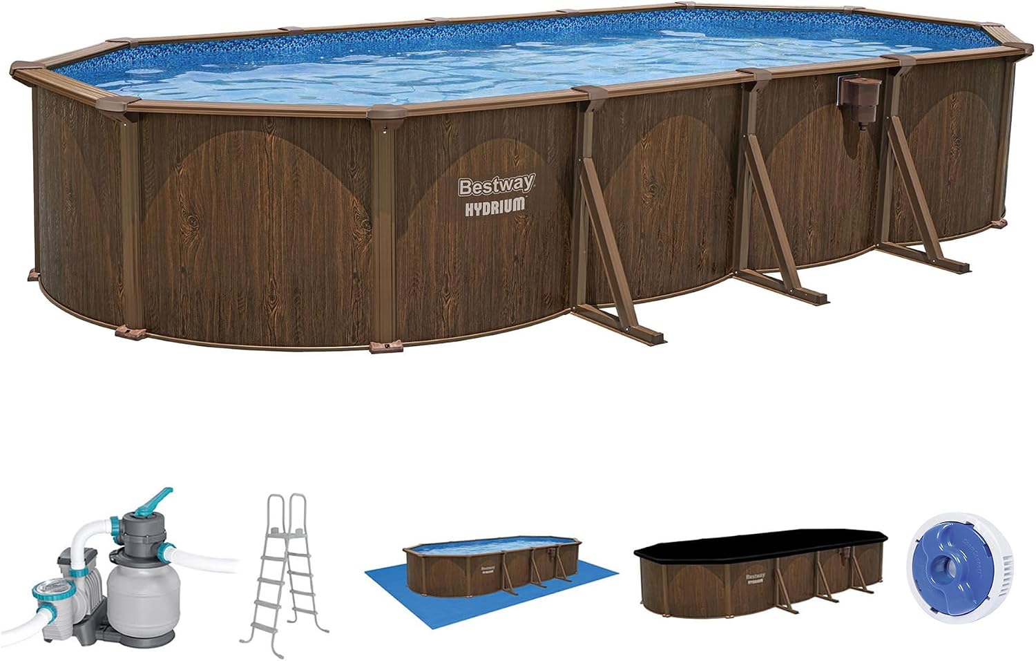 Bestway Hydrium 24' x 12' x 52' Above Ground Pool, Oval Steel Side Wall Frame Outdoor Swimming Pool Set with Sand Filter Pump, Ladder & Accessories