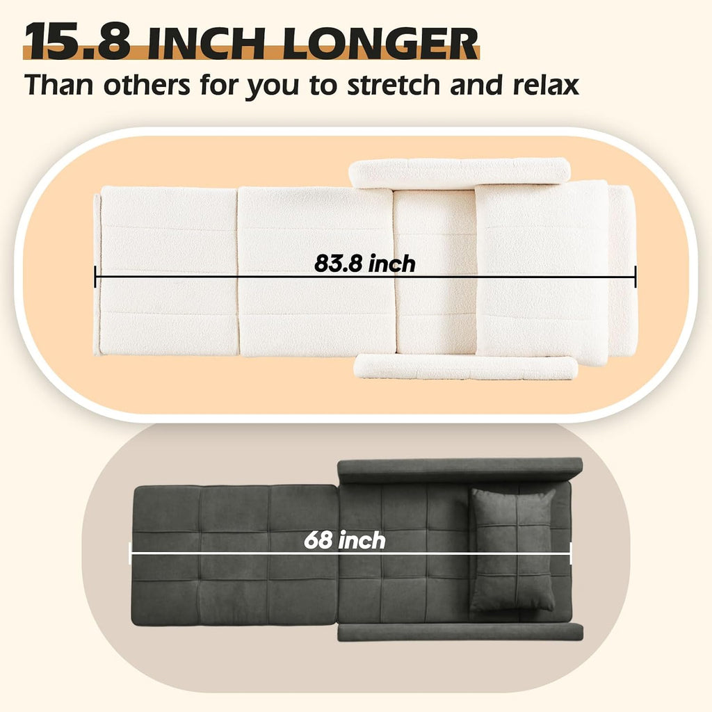 ZZW Sleeper Chair 84' Extra Long Convertible Chair Bed Upgraded 3-in-1 to 4-in-1 Pull Out Chair & Single Sofa Bed for Adult Sleeping Chair for Living Room & Small Space (White)