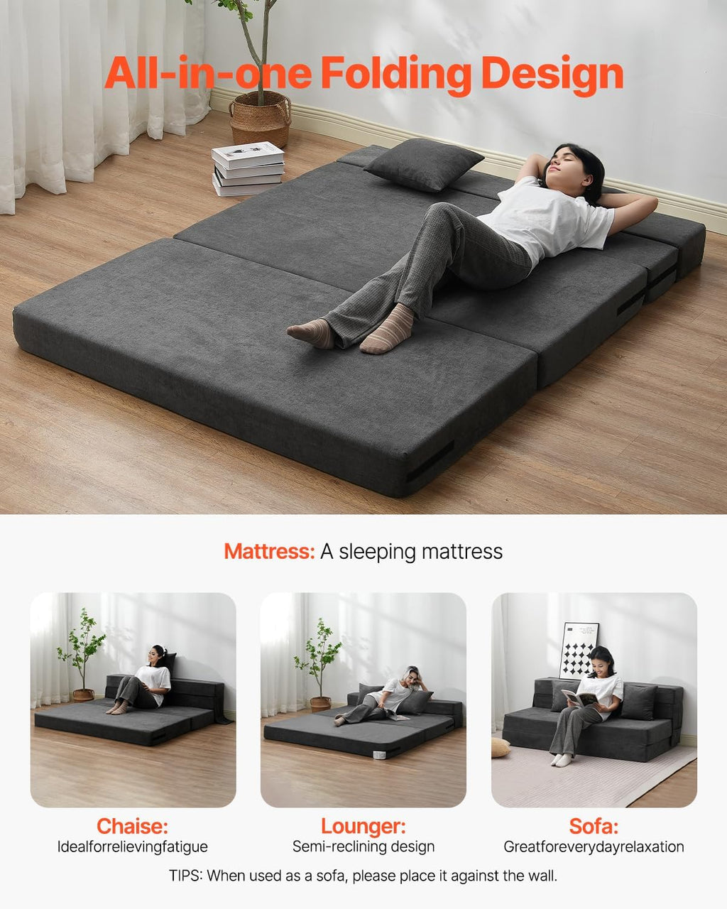 VEVOR Folding Sofa Bed, 3-in-1 Foldable Couch Bed with 2 Pillows and Washable Cover, 25D High Density Memory Foam Convertible Sleeper Chair Bed, Futon Couch for Living Room, Bedroom, Dark Grey(Queen)
