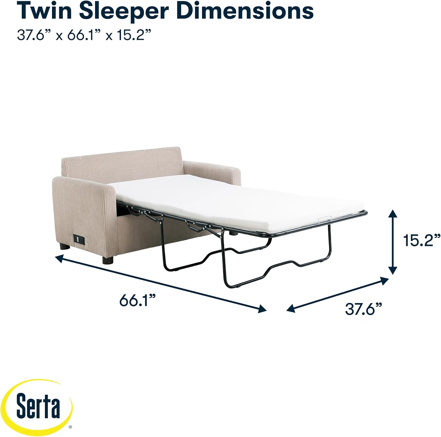 Serta® Darnold 53.5' Pull-Out Sleeper Loveseat, Twin Size, Dreamcoil® Comfort, Memory Foam Pull-Out Mattress, USB-C and USB-A Power Ports, Soft Corduroy Fabric, Beige