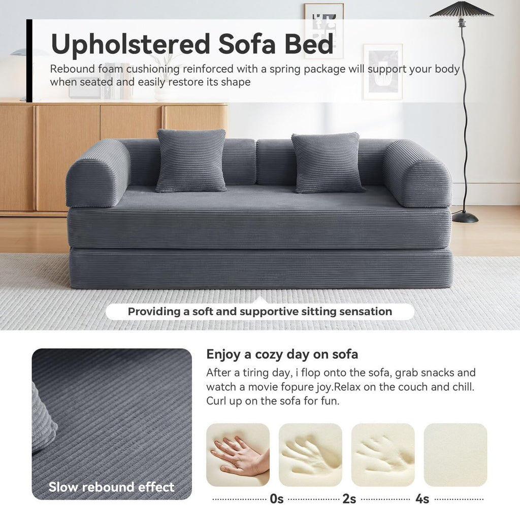 Sofa Bed, Corduroy Sleeper Sofa Bed with Fixed Frame, Floor Sofa Lounge with Pillow, Convertible Folding Mattress Couch for Living Room, Bedroom, Lounge, Studio (Dark Gray)