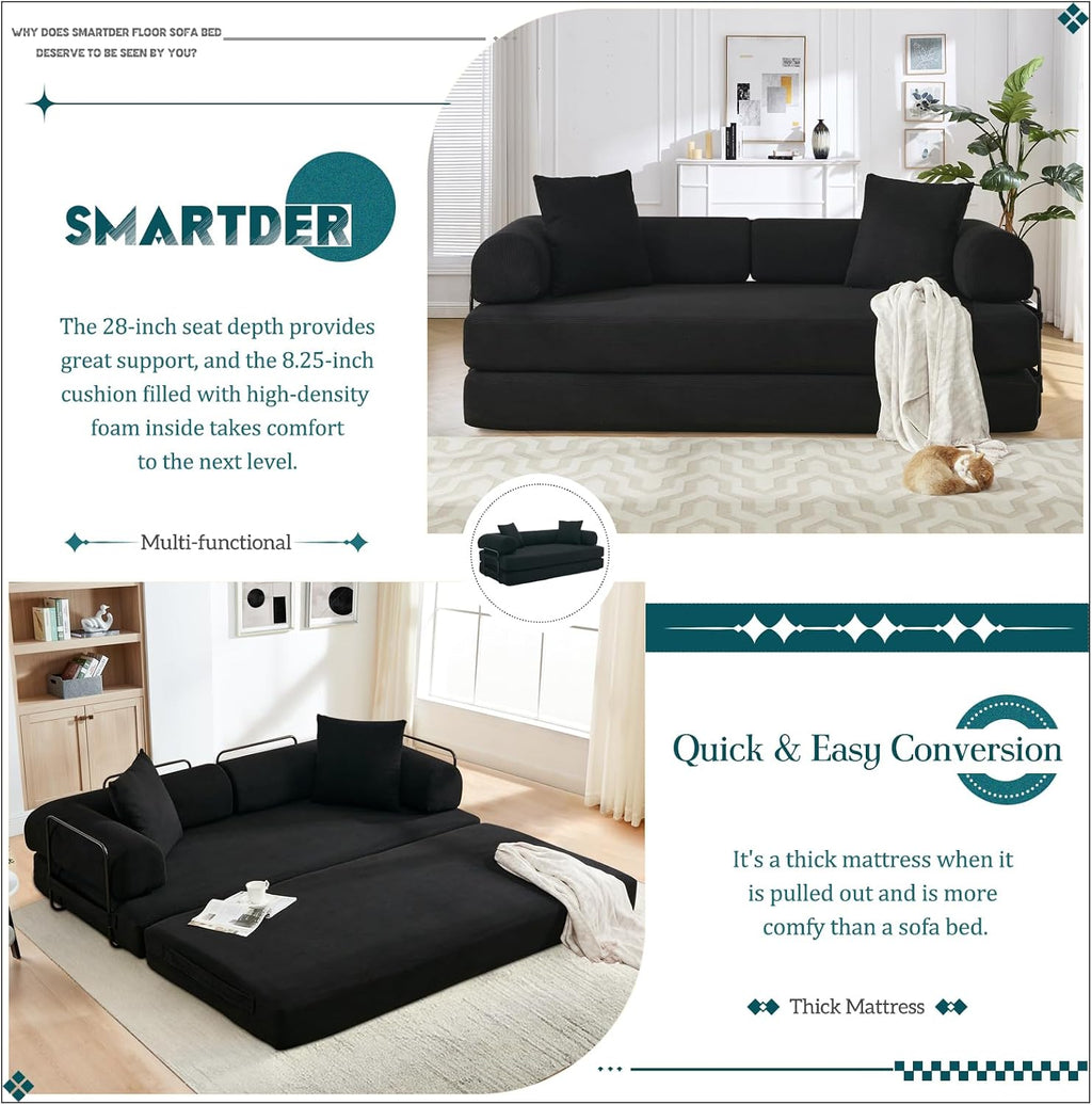 Convertible Folding Sofa Bed, Modular Floor Sofa with Removable Backrest, 3-Seater Fold Out Couch Bed with Pillows, King Size Futon Lazy Couch Corduroy Sleeper for Living Room, Dorm, Black